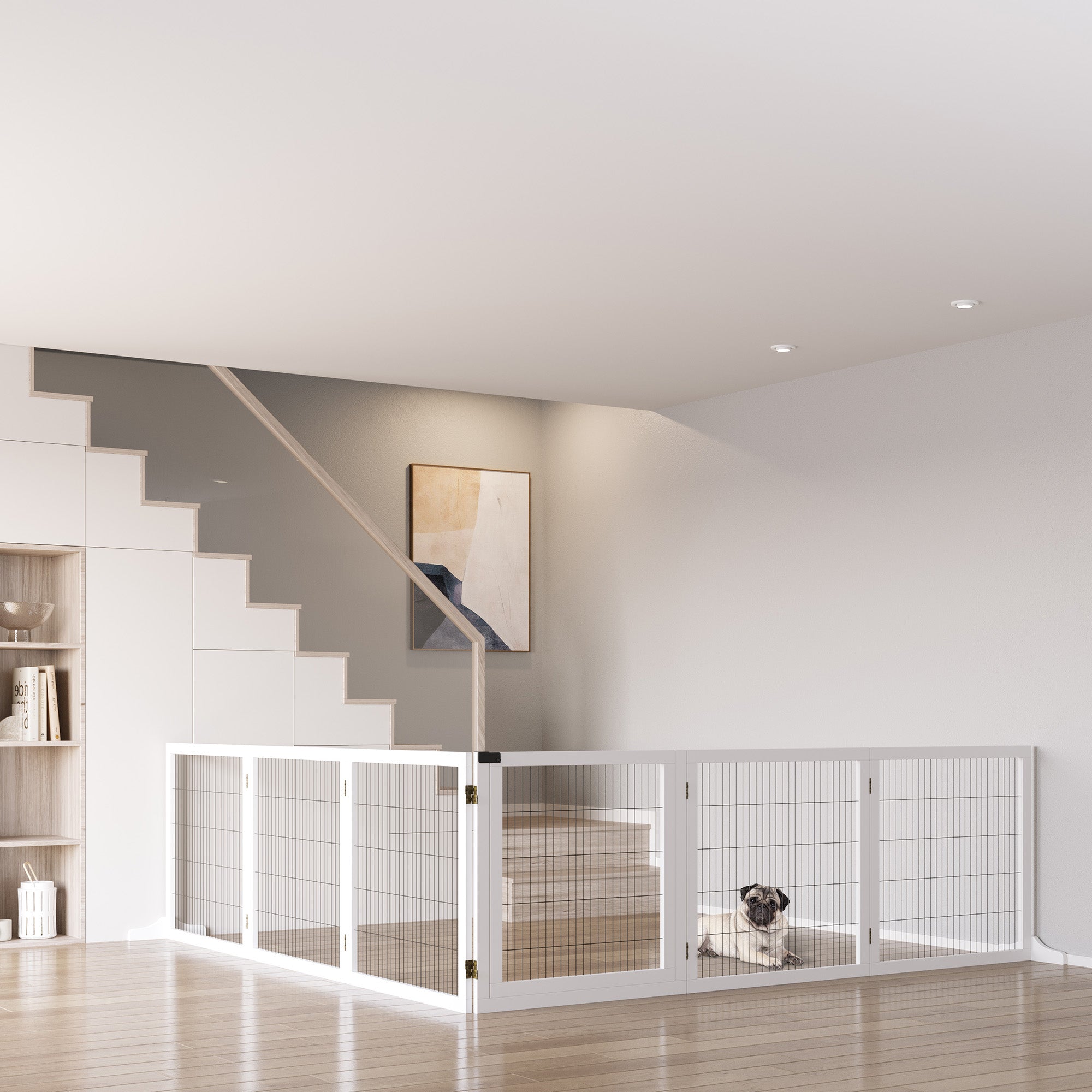 PawHut Freestanding Pet Gate, 6 Panel Foldable Playpen, Wooden Dog Gate with 2 Support Feet, for Stairs, Doorway - White
