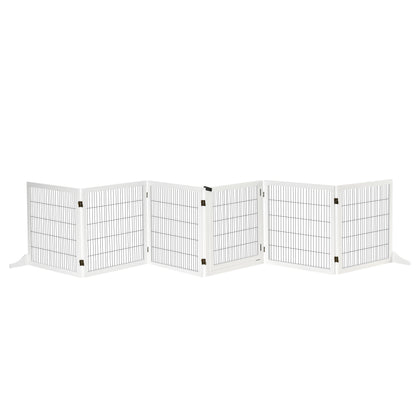 PawHut Freestanding Pet Gate, 6 Panel Foldable Playpen, Wooden Dog Gate with 2 Support Feet, for Stairs, Doorway - White