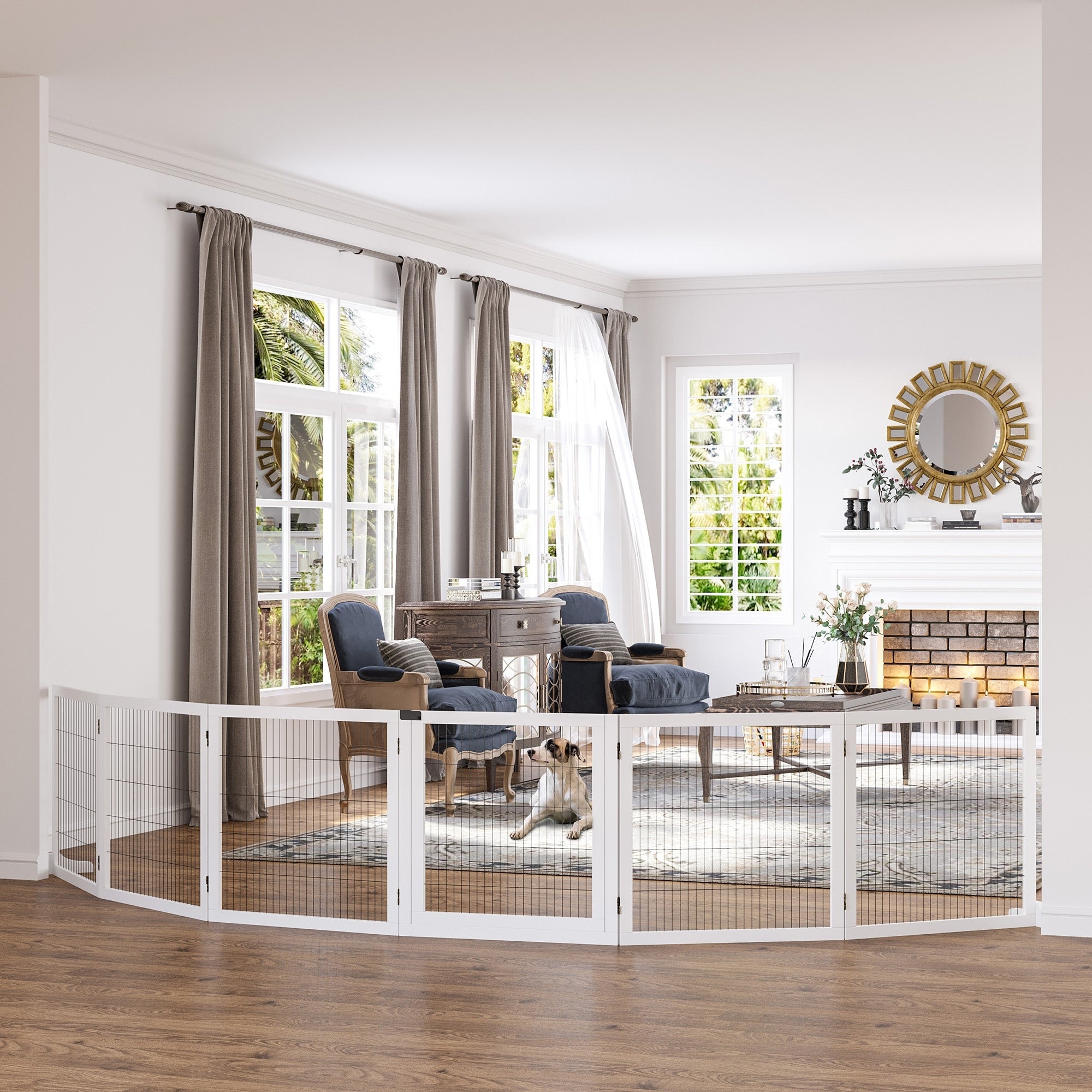 PawHut Wooden Pet Gate, Dog Safety Barrier, Freestanding Foldable Fence, w/ 6 Panels, 2 Support Feet, for House Doorway Stairs, Small & Medium Dogs, White