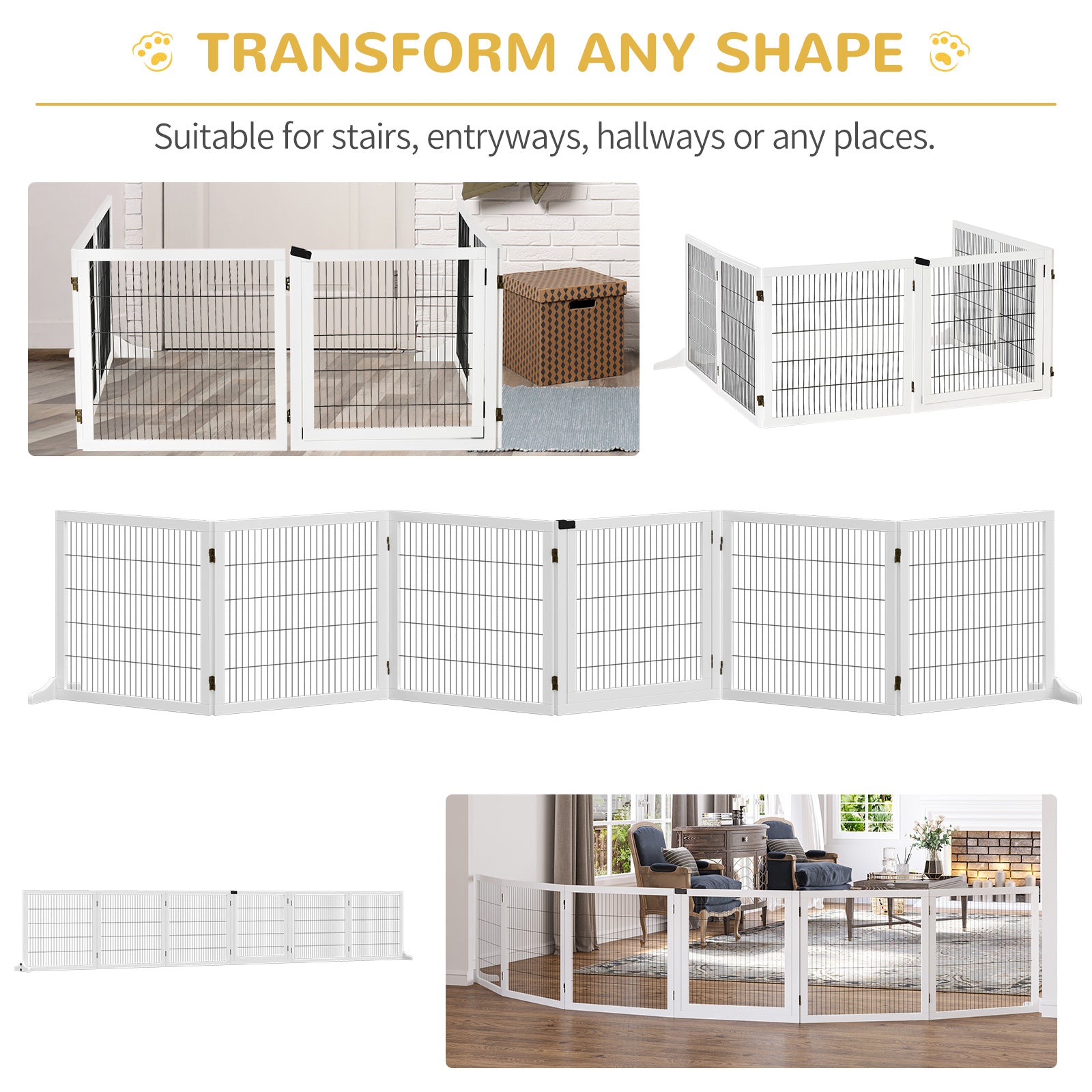 PawHut Wooden Pet Gate, Dog Safety Barrier, Freestanding Foldable Fence, w/ 6 Panels, 2 Support Feet, for House Doorway Stairs, Small & Medium Dogs, White
