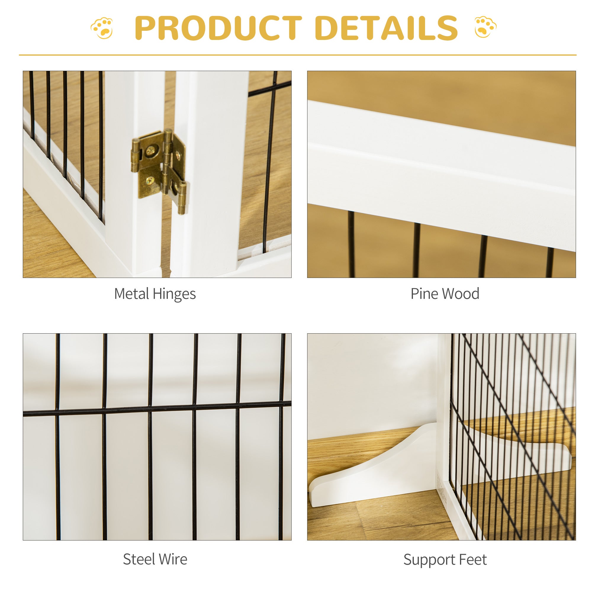 PawHut Wooden Pet Gate, Dog Safety Barrier, Freestanding Foldable Fence, w/ 6 Panels, 2 Support Feet, for House Doorway Stairs, Small & Medium Dogs, White