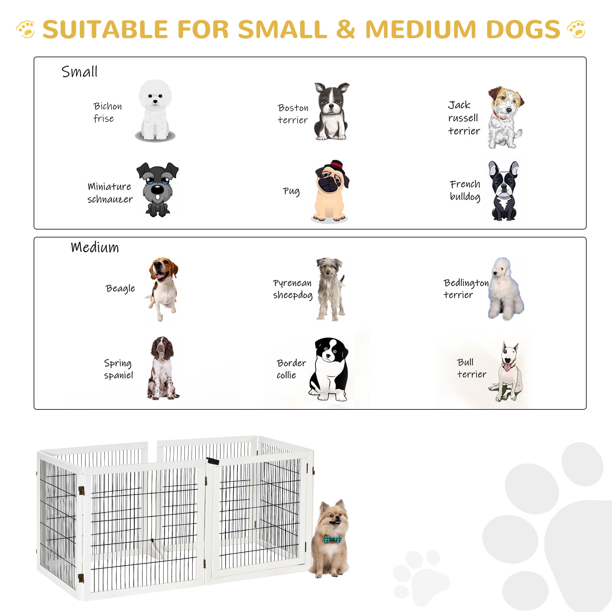 PawHut Freestanding Pet Gate, 6 Panel Foldable Playpen, Wooden Dog Gate with 2 Support Feet, for Stairs, Doorway - White