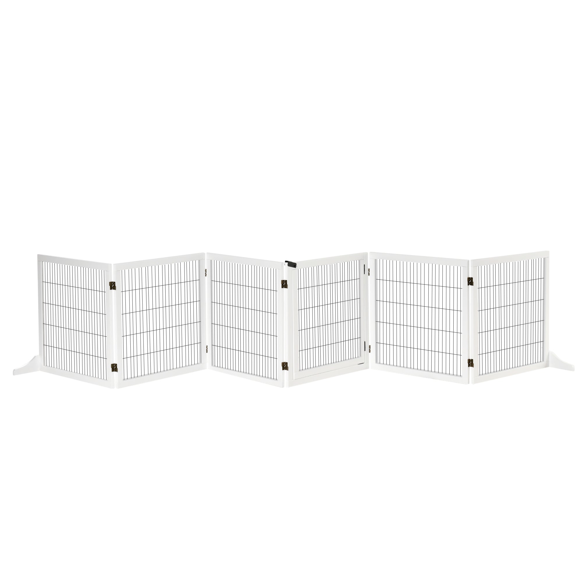 PawHut Wooden Pet Gate, Dog Safety Barrier, Freestanding Foldable Fence, w/ 6 Panels, 2 Support Feet, for House Doorway Stairs, Small & Medium Dogs, White