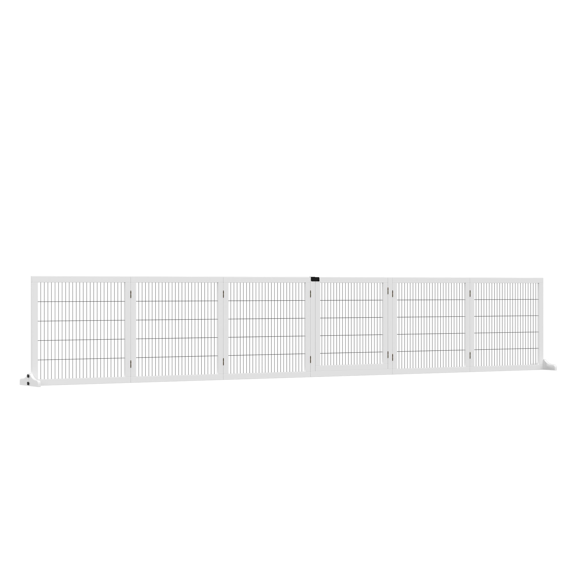 PawHut Freestanding Pet Gate, 6 Panel Foldable Playpen, Wooden Dog Gate with 2 Support Feet, for Stairs, Doorway - White