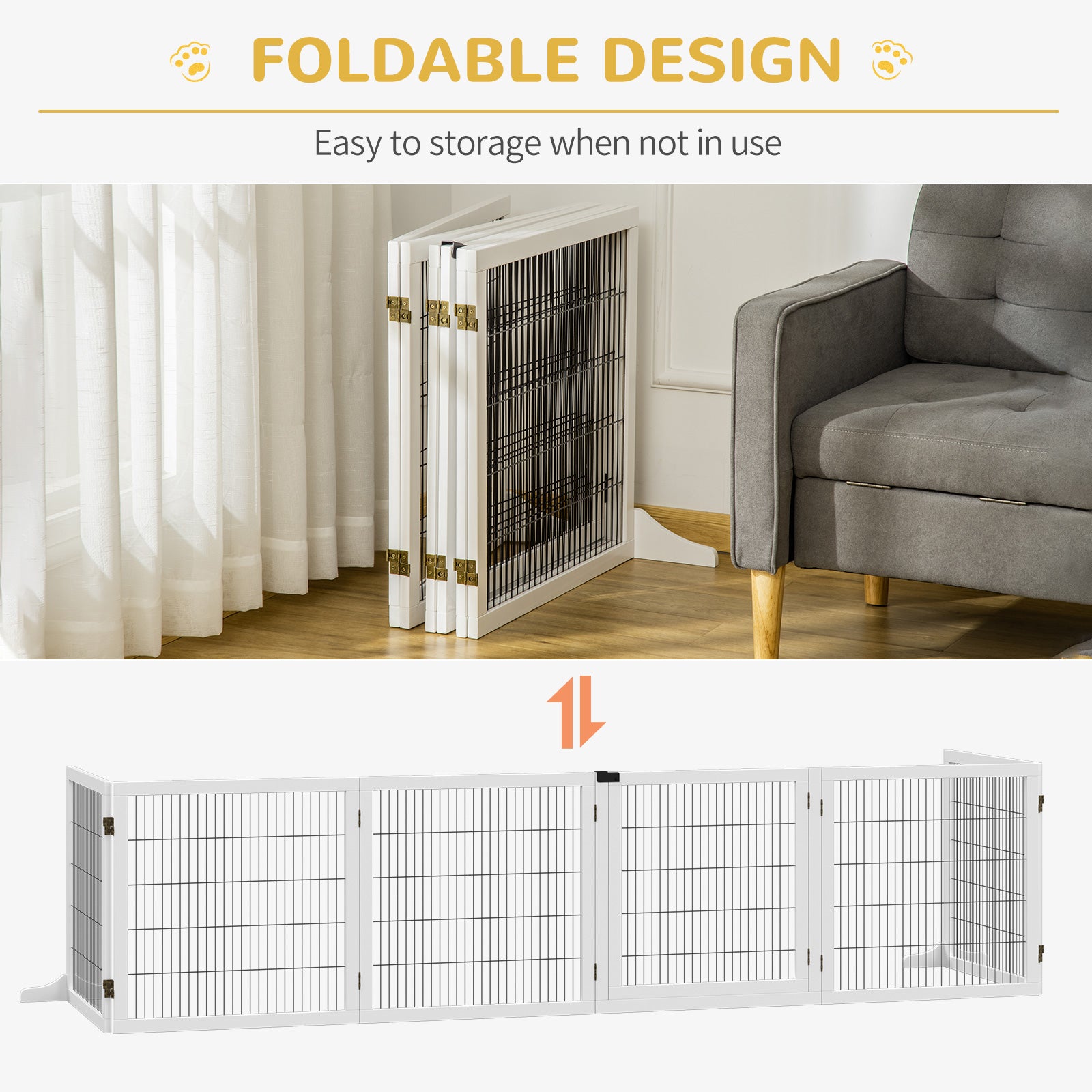 PawHut Wooden Pet Gate, Dog Safety Barrier, Freestanding Foldable Fence, w/ 6 Panels, 2 Support Feet, for House Doorway Stairs, Small & Medium Dogs, White