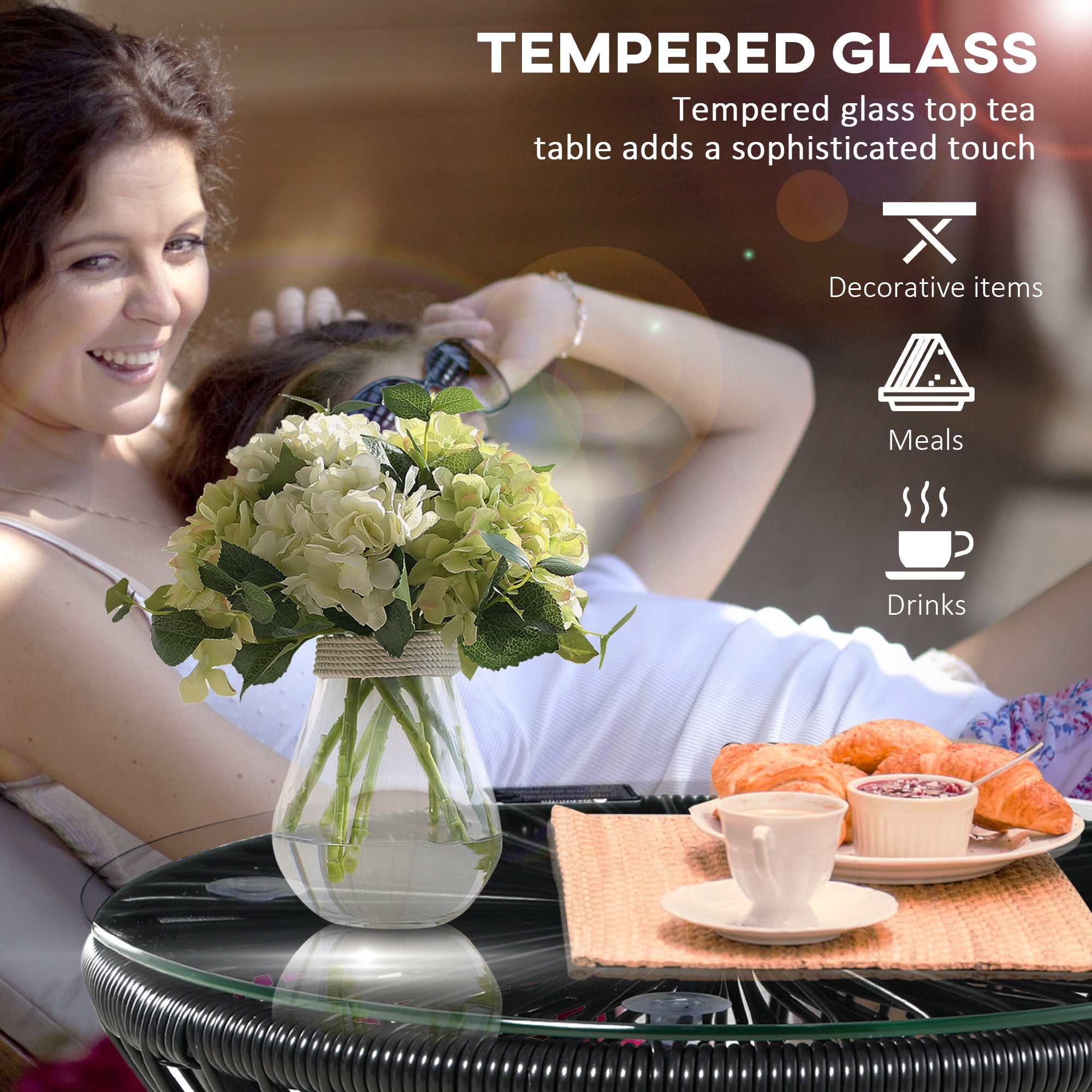 Outsunny Freestanding End Table, Round Hollow Drum Design Side Table with Round PE Rattan and Tempered Glass Tabletop for Patio, Garden, Balcony, Black