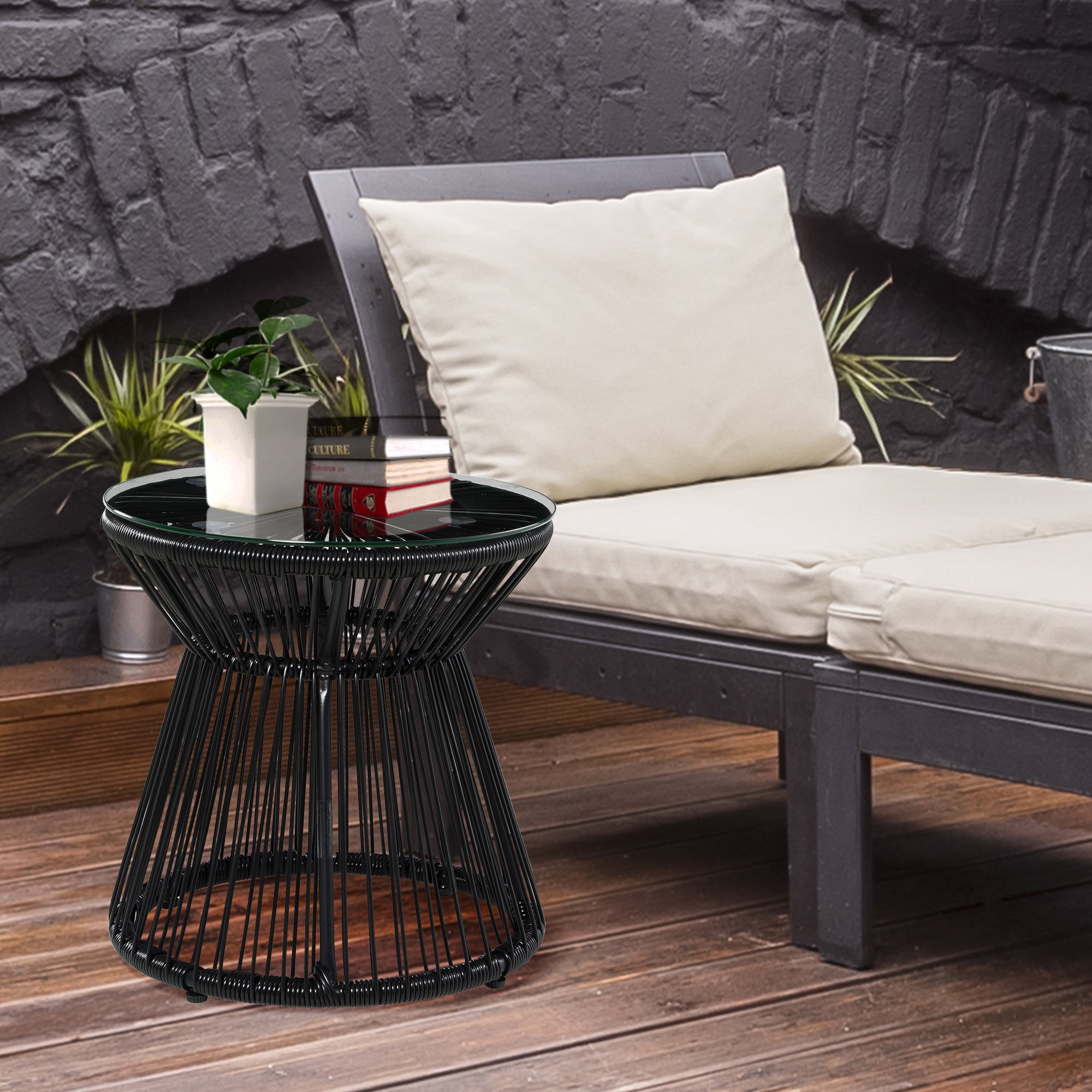 Outsunny Freestanding End Table, Round Hollow Drum Design Side Table with Round PE Rattan and Tempered Glass Tabletop for Patio, Garden, Balcony, Black