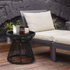 Outsunny Freestanding End Table, Round Hollow Drum Design Side Table with Round PE Rattan and Tempered Glass Tabletop for Patio, Garden, Balcony, Black