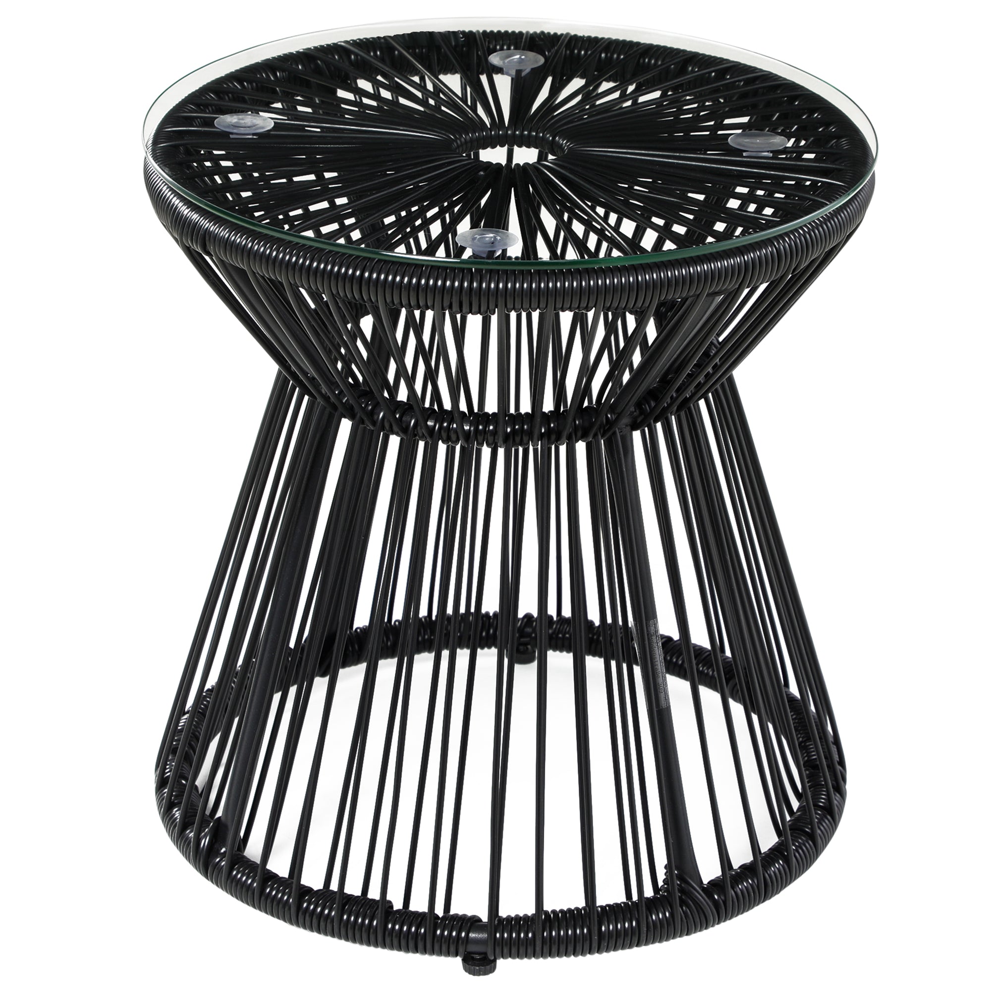 Outsunny Freestanding End Table, Round Hollow Drum Design Side Table with Round PE Rattan and Tempered Glass Tabletop for Patio, Garden, Balcony, Black