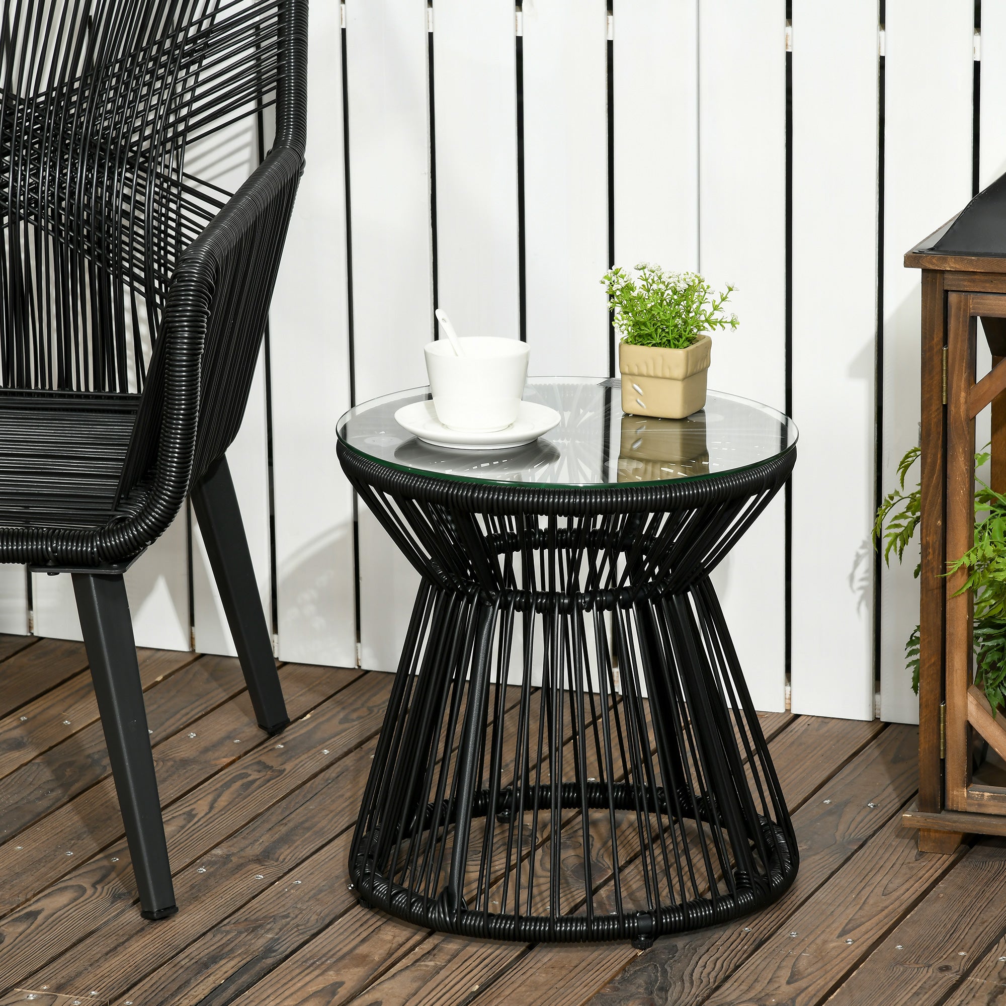 Outsunny Freestanding End Table, Round Hollow Drum Design Side Table with Round PE Rattan and Tempered Glass Tabletop for Patio, Garden, Balcony, Black
