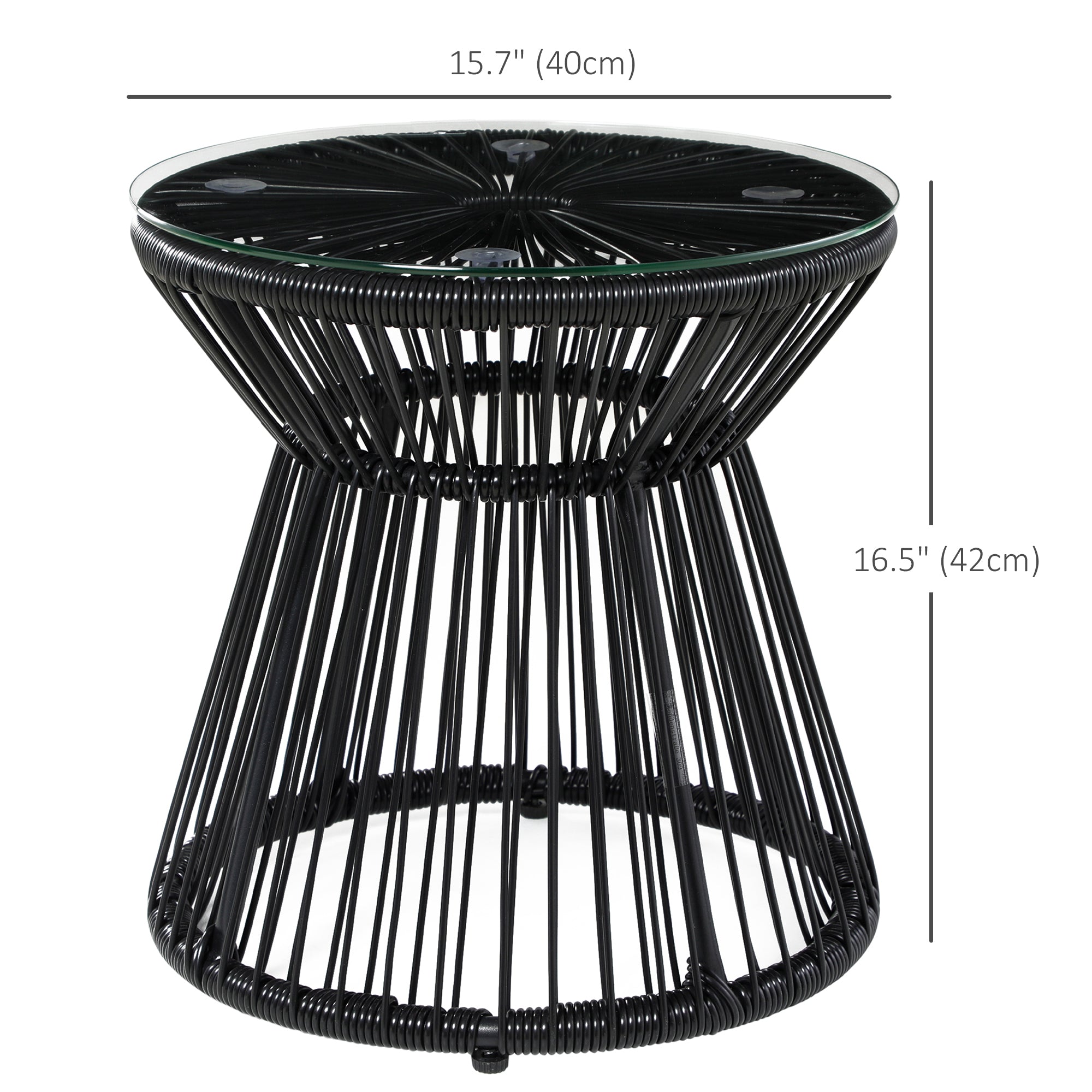 Outsunny Freestanding End Table, Round Hollow Drum Design Side Table with Round PE Rattan and Tempered Glass Tabletop for Patio, Garden, Balcony, Black