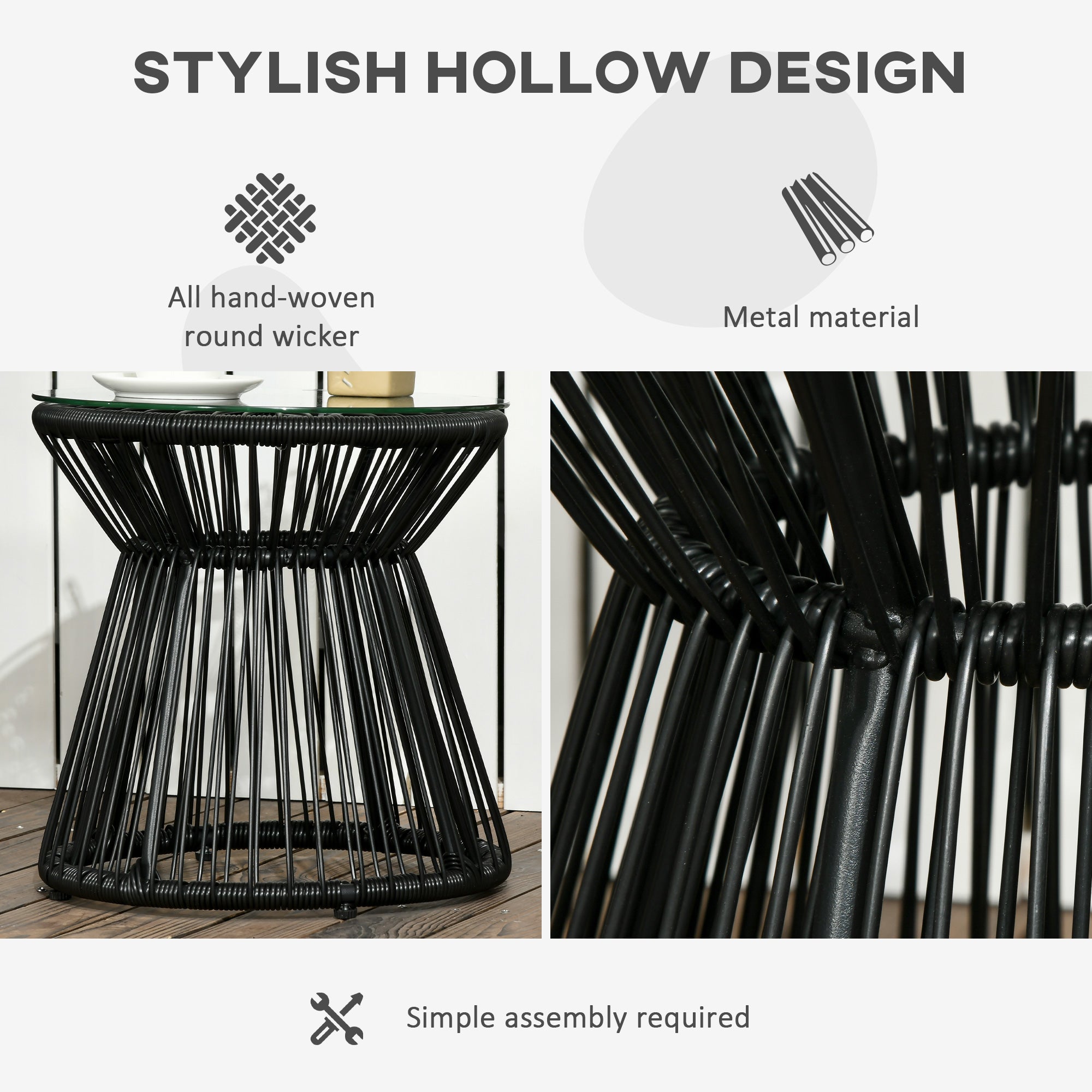 Outsunny Freestanding End Table, Round Hollow Drum Design Side Table with Round PE Rattan and Tempered Glass Tabletop for Patio, Garden, Balcony, Black