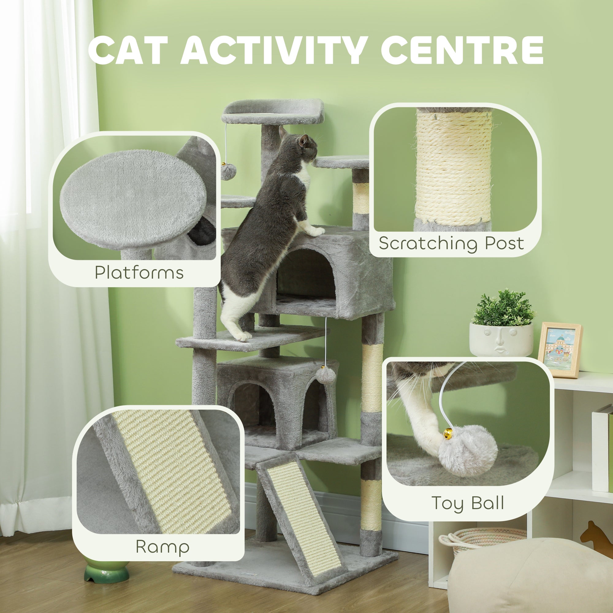 PawHut 54" Cat Tree, Cat Tower for Indoor Cats with Scratching Posts, Cat Condos, Bed, Platforms, Ramp, Toy Ball, Cat Activity Center, Light Grey