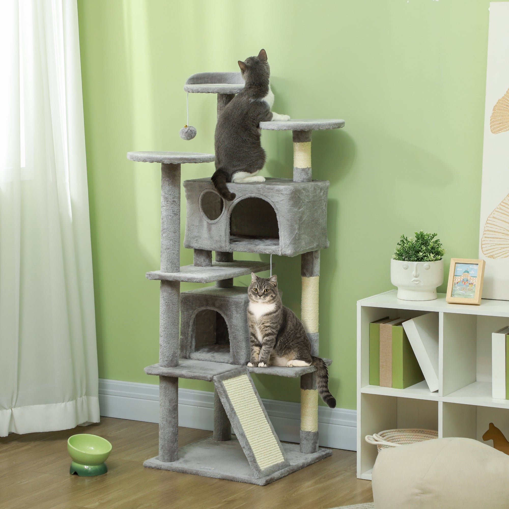 PawHut 54" Cat Tree, Cat Tower for Indoor Cats with Scratching Posts, Cat Condos, Bed, Platforms, Ramp, Toy Ball, Cat Activity Center, Light Grey
