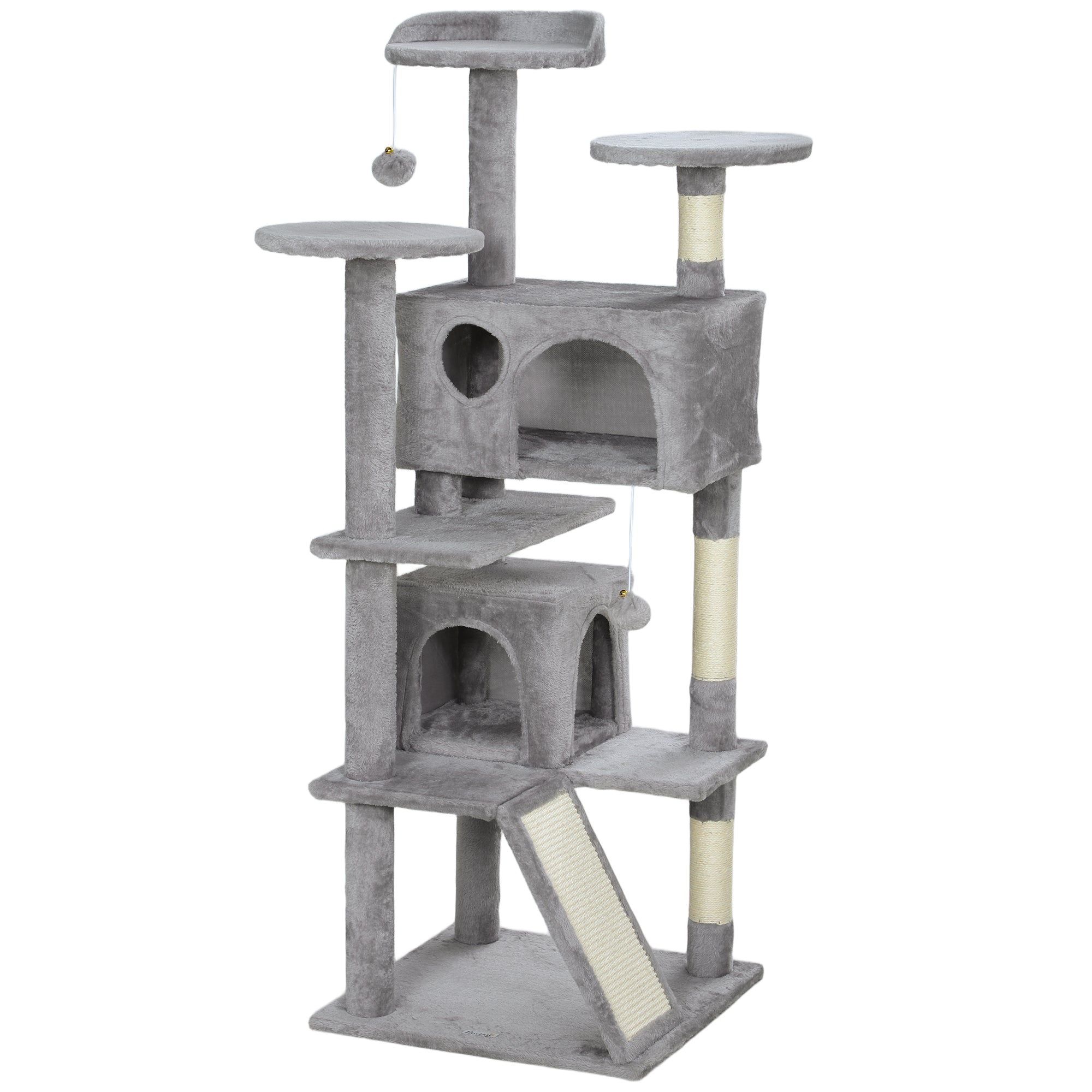 PawHut 54" Cat Tree, Cat Tower for Indoor Cats with Scratching Posts, Cat Condos, Bed, Platforms, Ramp, Toy Ball, Cat Activity Center, Light Grey