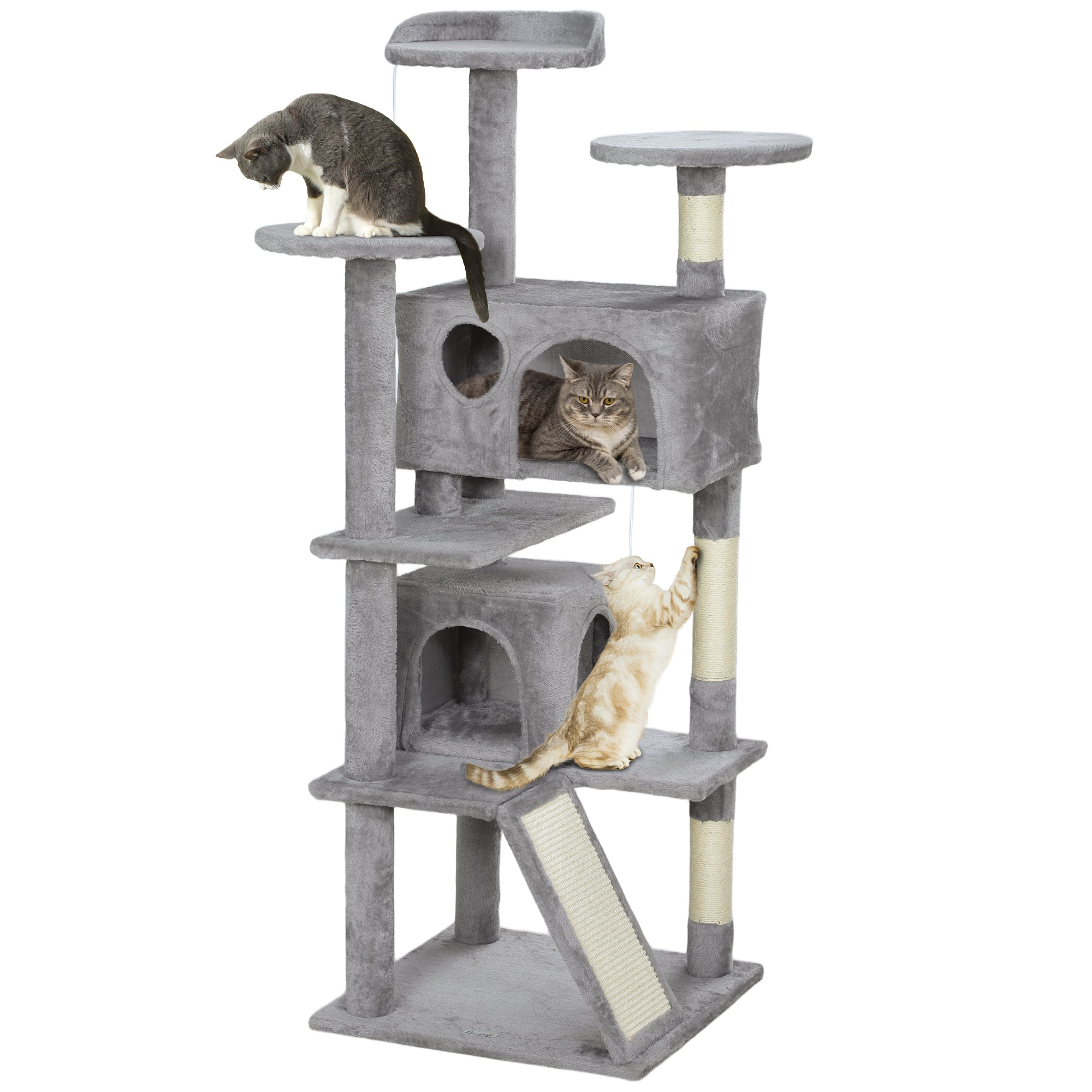 PawHut 54" Cat Tree, Cat Tower for Indoor Cats with Scratching Posts, Cat Condos, Bed, Platforms, Ramp, Toy Ball, Cat Activity Center, Light Grey