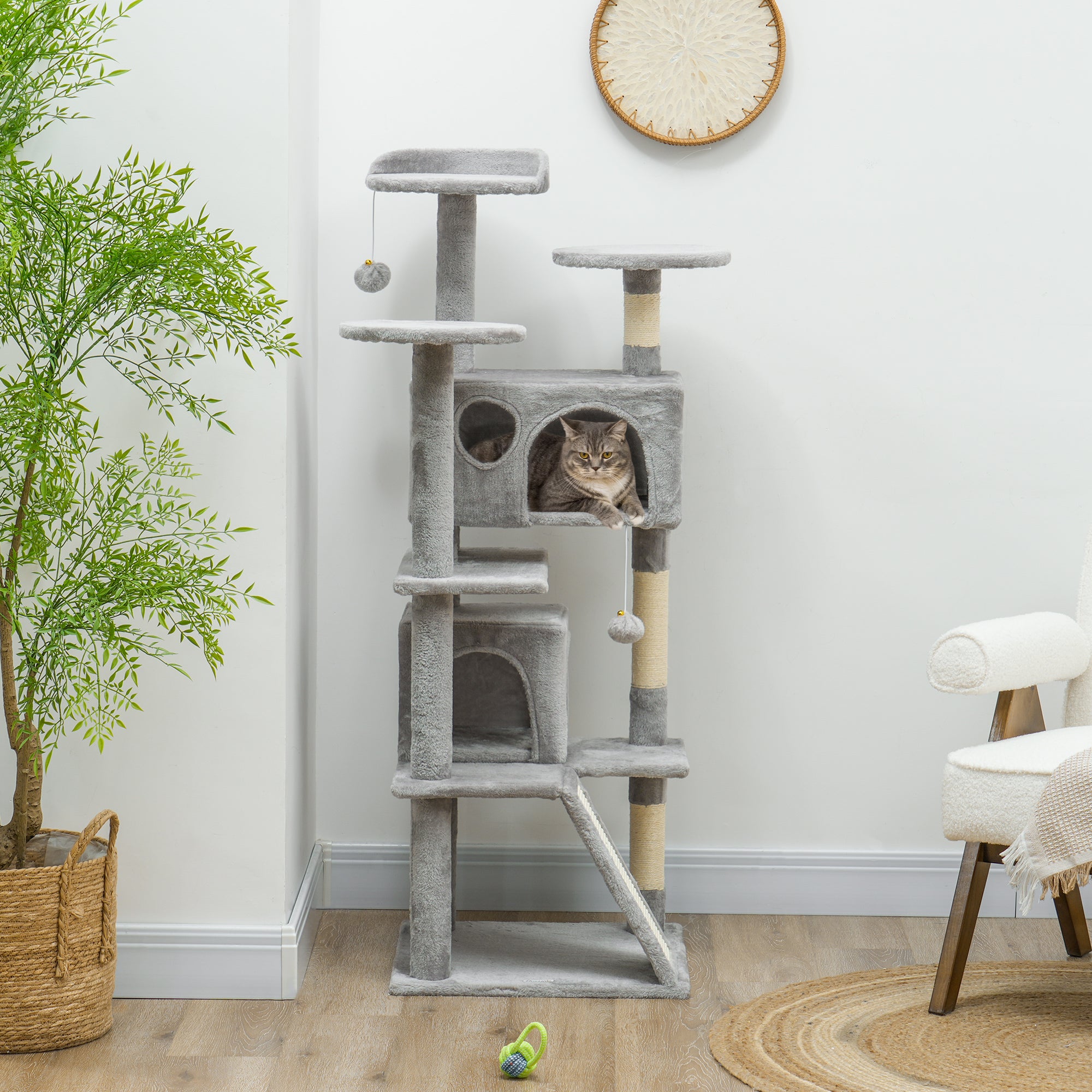 PawHut 54" Cat Tree, Cat Tower for Indoor Cats with Scratching Posts, Cat Condos, Bed, Platforms, Ramp, Toy Ball, Cat Activity Center, Light Grey