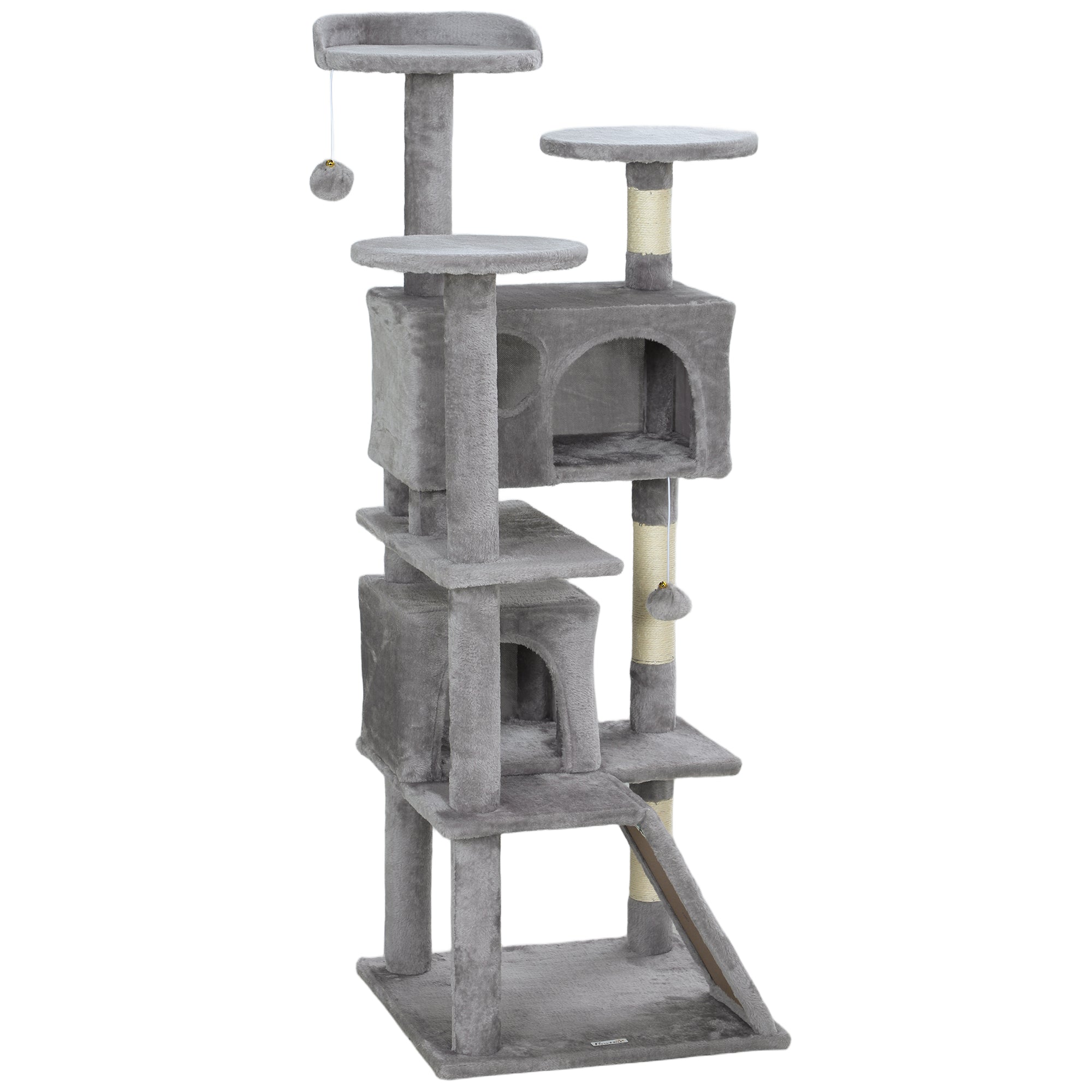 PawHut 54" Cat Tree, Cat Tower for Indoor Cats with Scratching Posts, Cat Condos, Bed, Platforms, Ramp, Toy Ball, Cat Activity Center, Light Grey