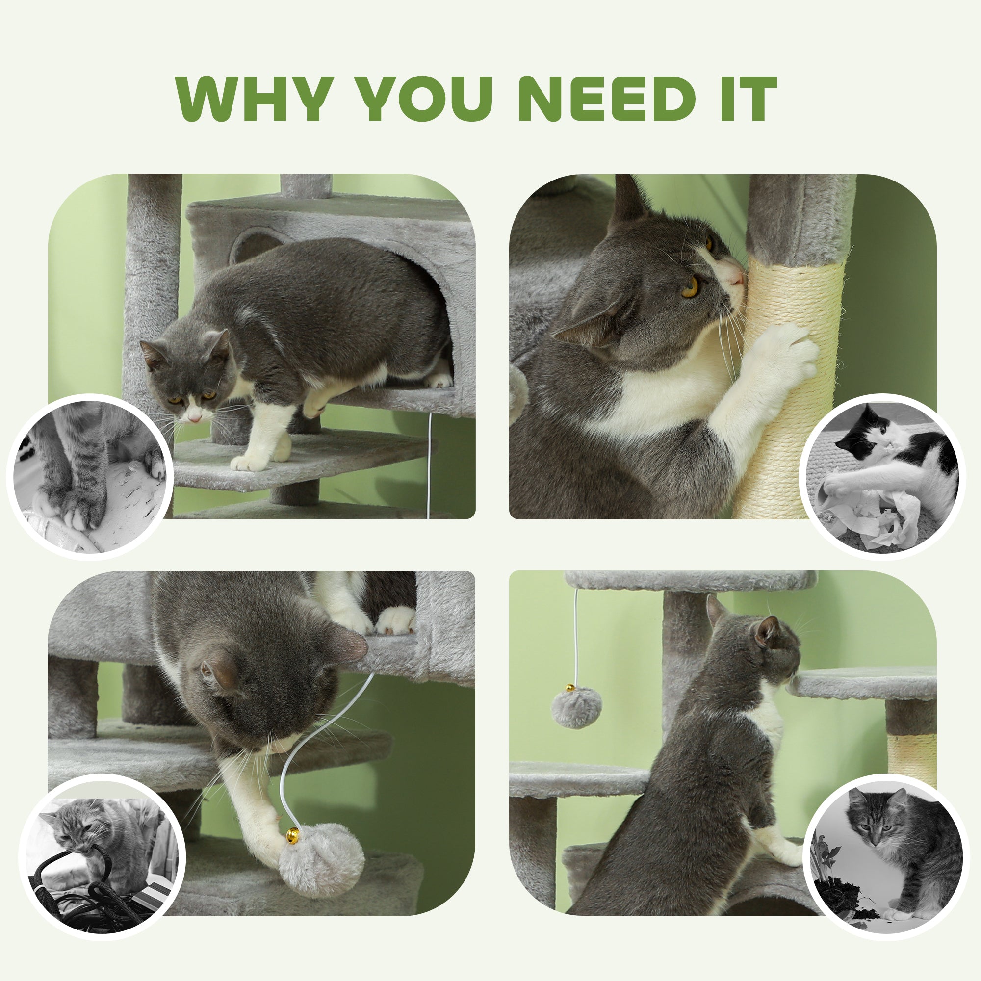 PawHut 54" Cat Tree, Cat Tower for Indoor Cats with Scratching Posts, Cat Condos, Bed, Platforms, Ramp, Toy Ball, Cat Activity Center, Light Grey