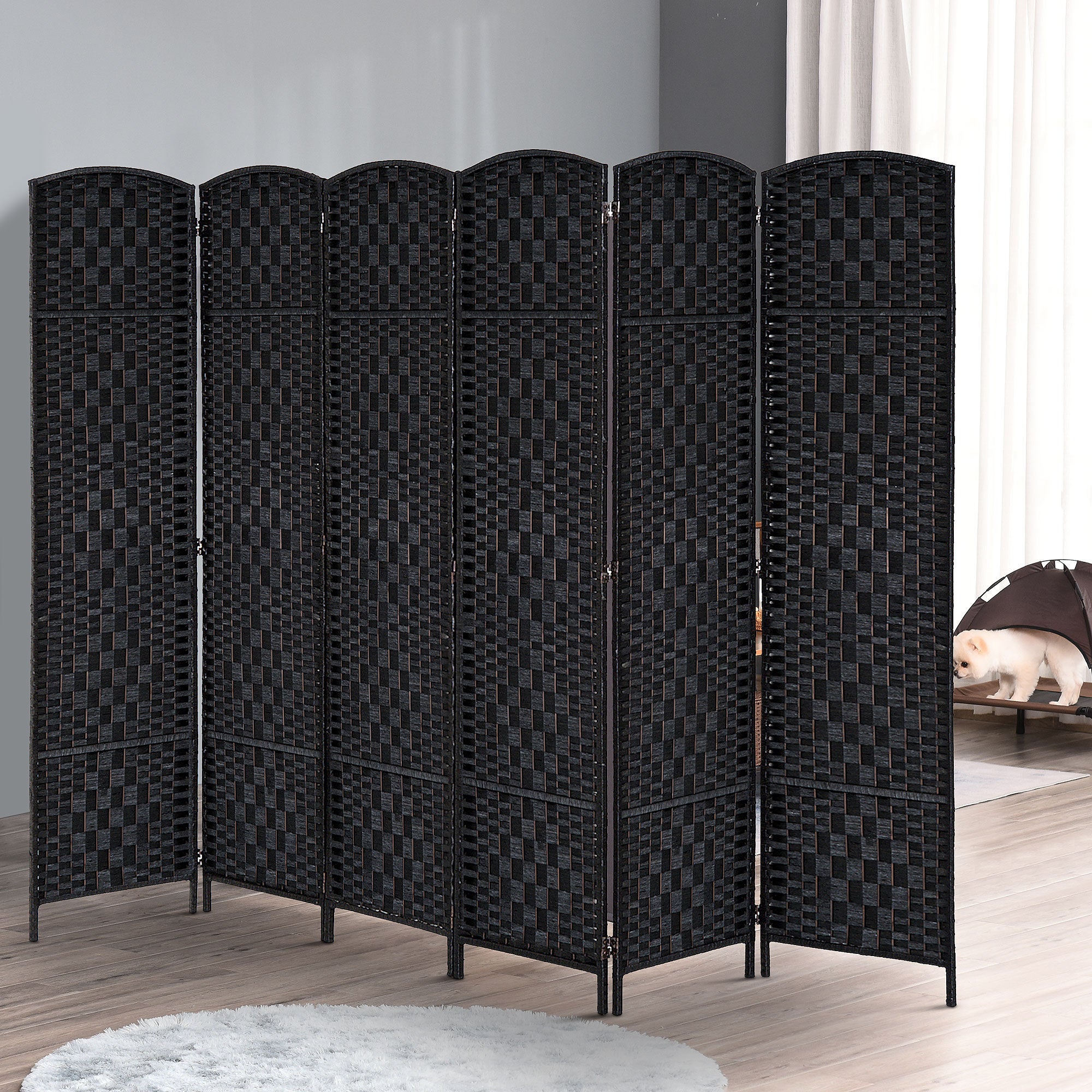 HOMCOM 6 Panels Room Divider, 6 Ft Tall Indoor Portable Folding Privacy Screens, Hand-Woven Double Hinged Freestanding Partition Wall Divider for Home Office, Black