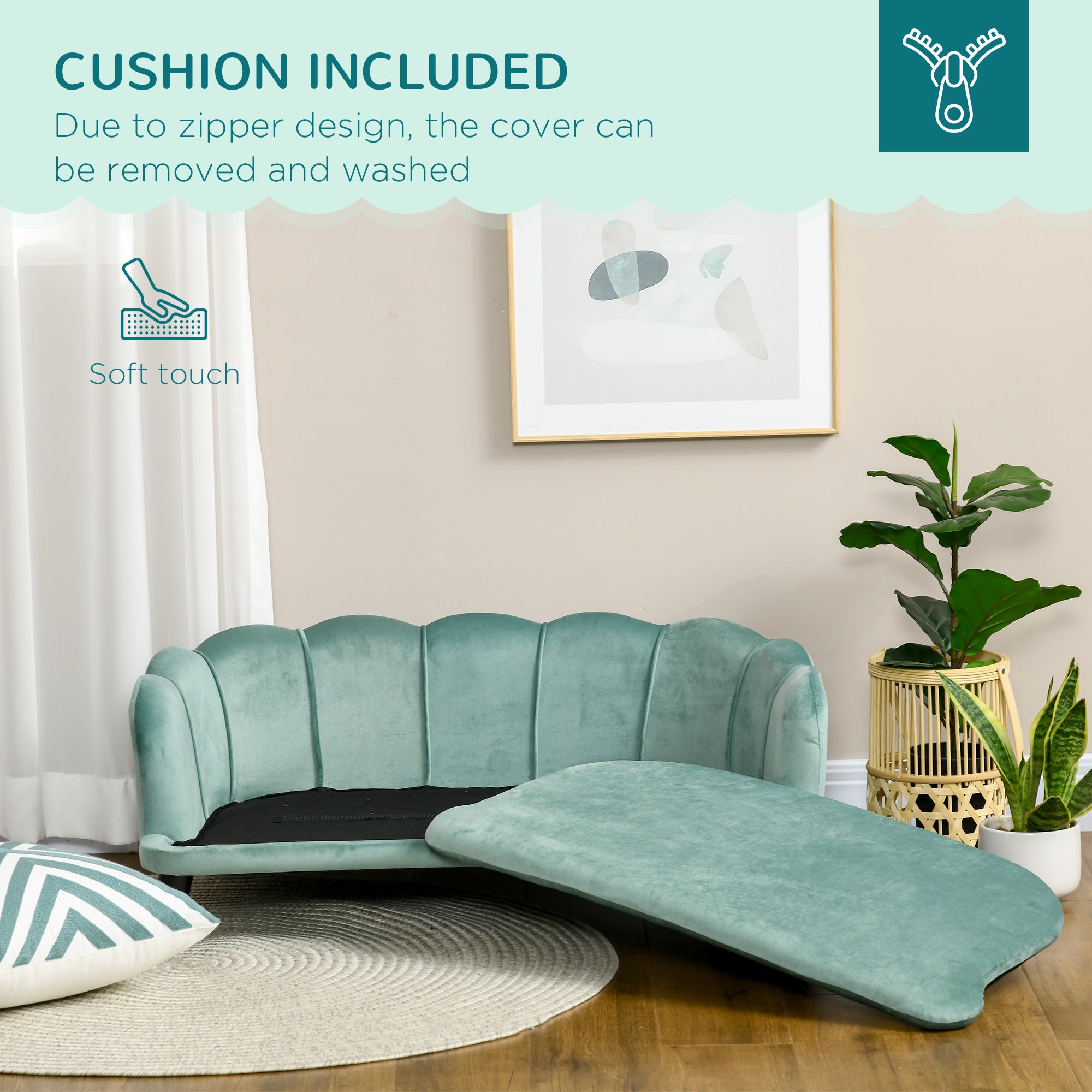 PawHut Dog Couch Pet Sofa Cat Bed with Removable Cushion Wood Legs for Medium and Large Dogs, Green