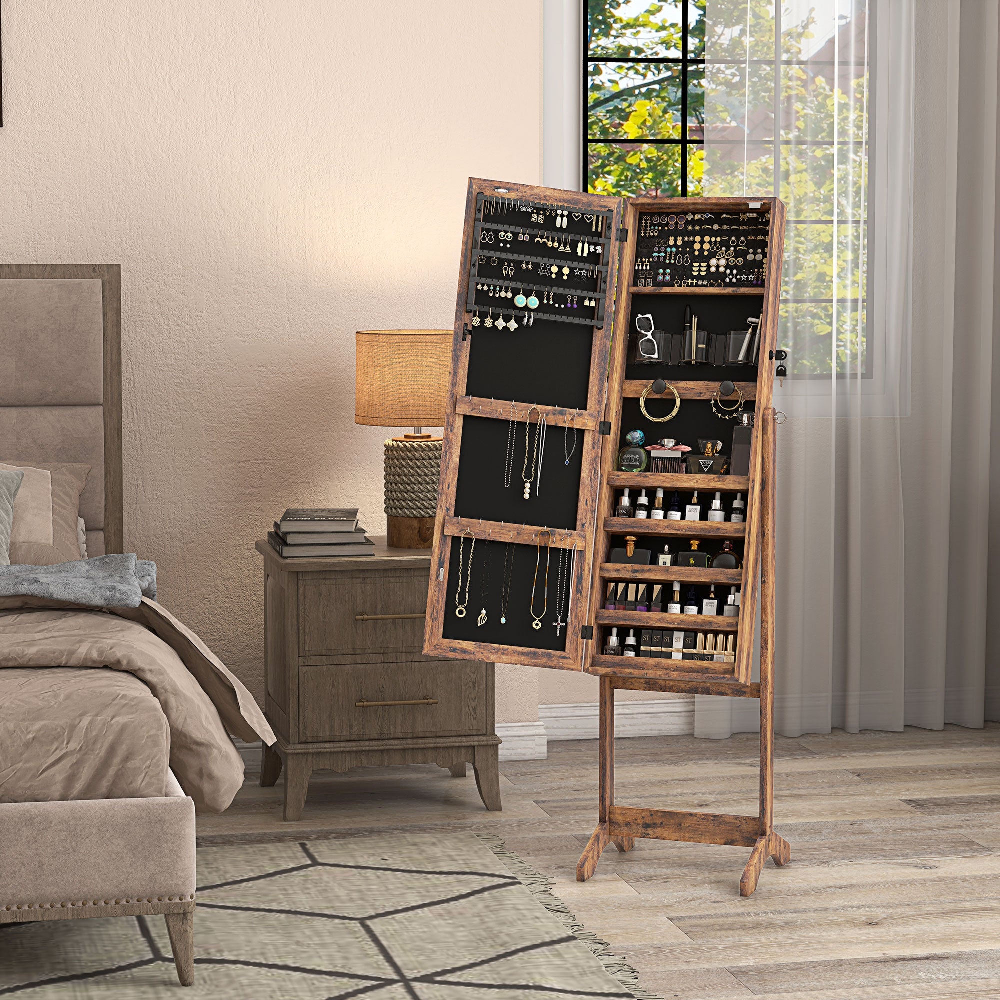 HOMCOM Jewelry Cabinet with LED Light, Lockable Jewelry Storage Organizer with Full-Length Mirror for Dressing Room, Rustic Brown