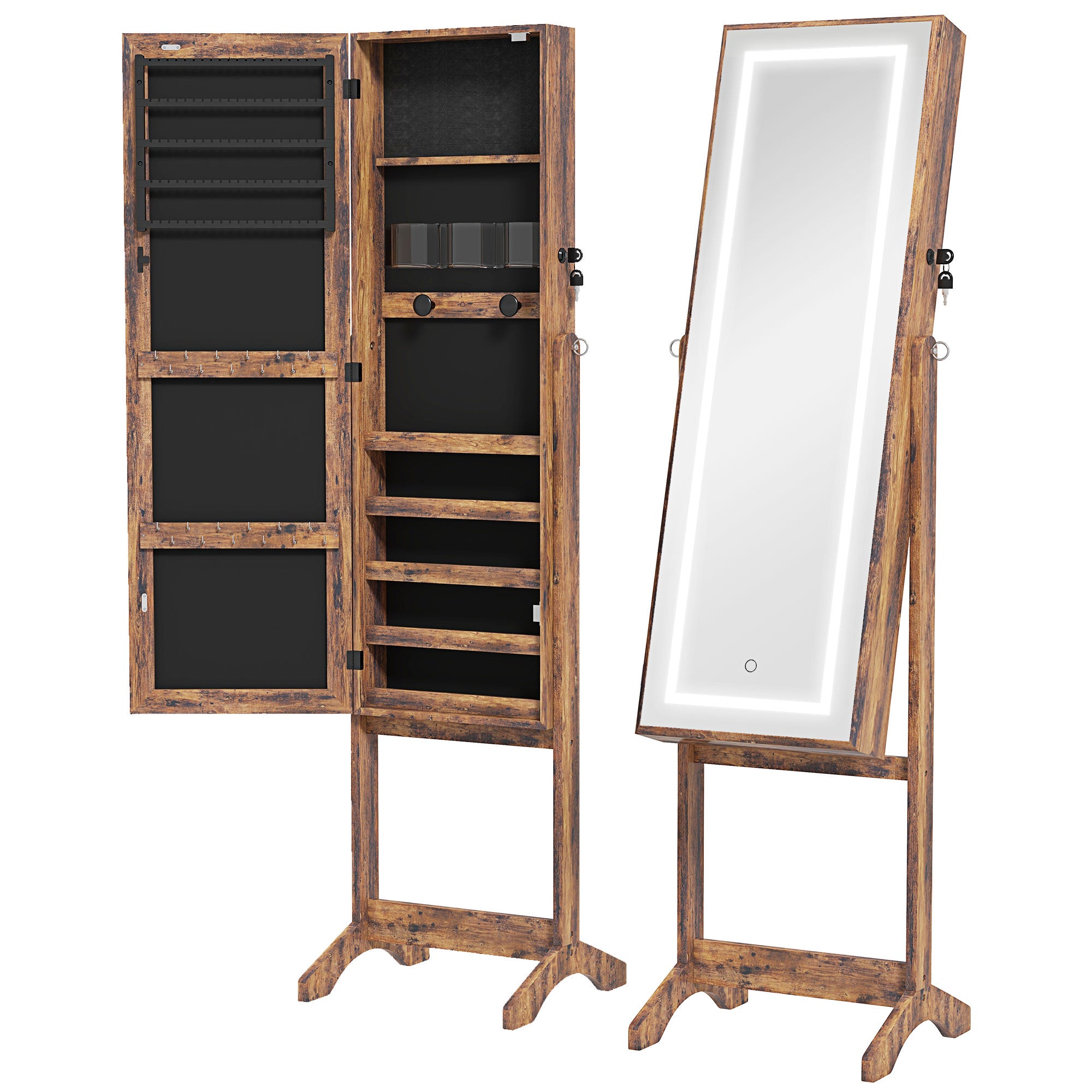 HOMCOM Jewelry Cabinet with LED Light, Lockable Jewelry Storage Organizer with Full-Length Mirror for Dressing Room, Rustic Brown