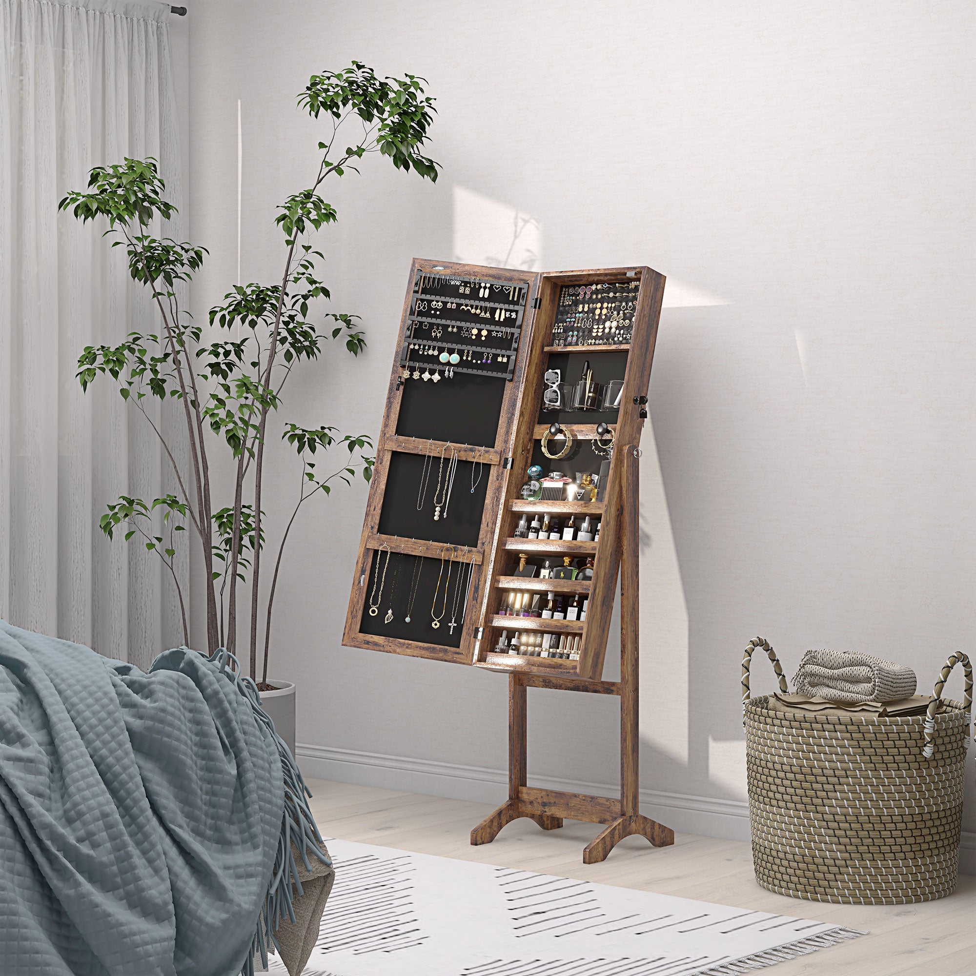 HOMCOM Jewelry Cabinet with LED Light, Lockable Jewelry Storage Organizer with Full-Length Mirror for Dressing Room, Rustic Brown