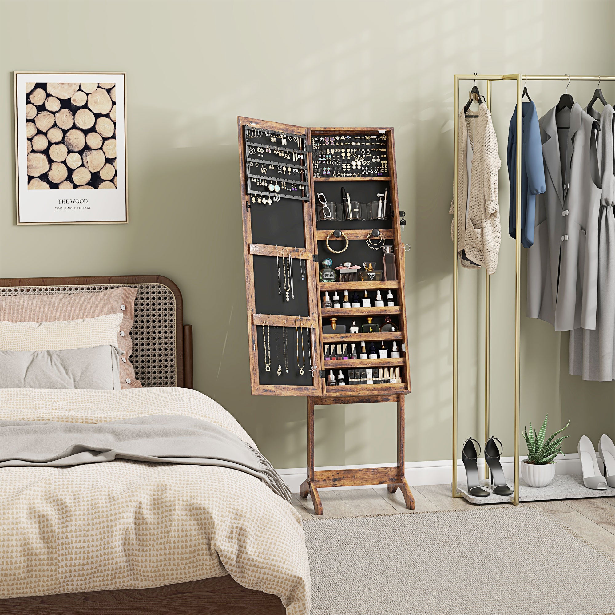 HOMCOM Jewelry Cabinet with LED Light, Lockable Jewelry Storage Organizer with Full-Length Mirror for Dressing Room, Rustic Brown