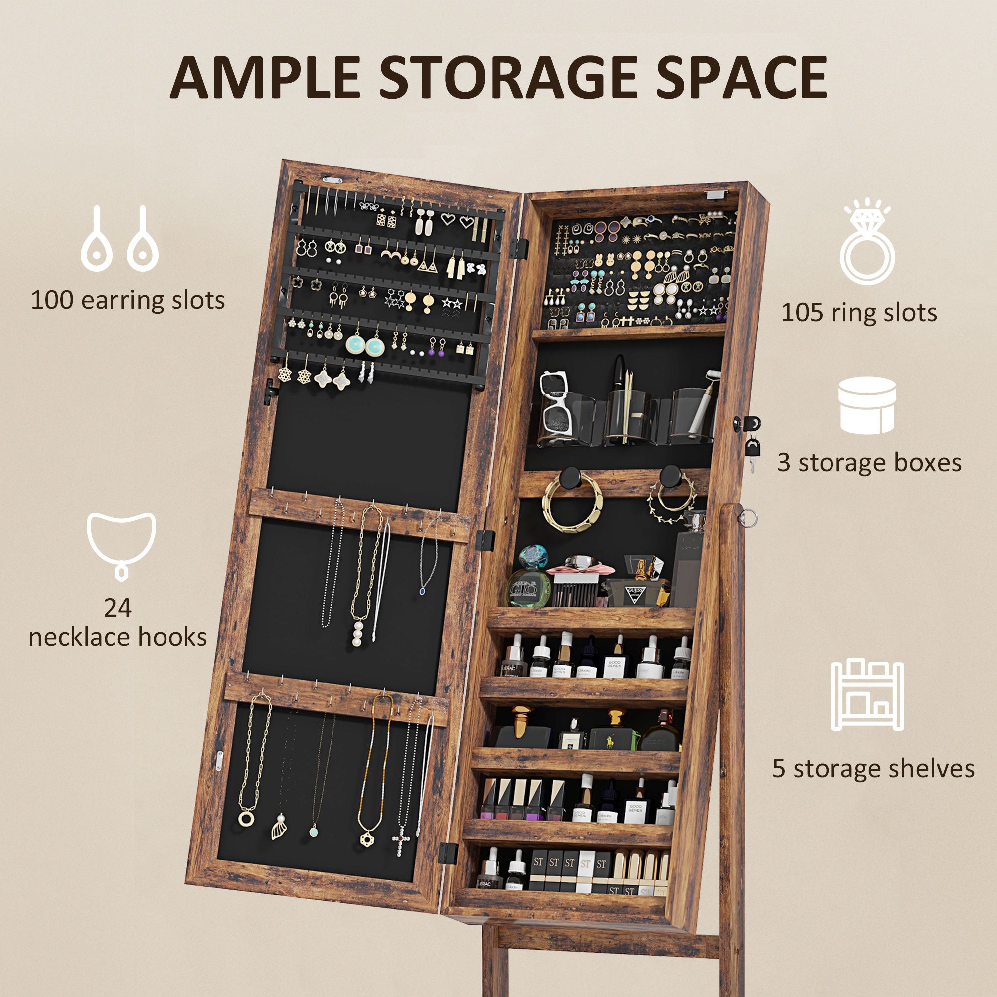 HOMCOM Jewelry Cabinet with LED Light, Lockable Jewelry Storage Organizer with Full-Length Mirror for Dressing Room, Rustic Brown