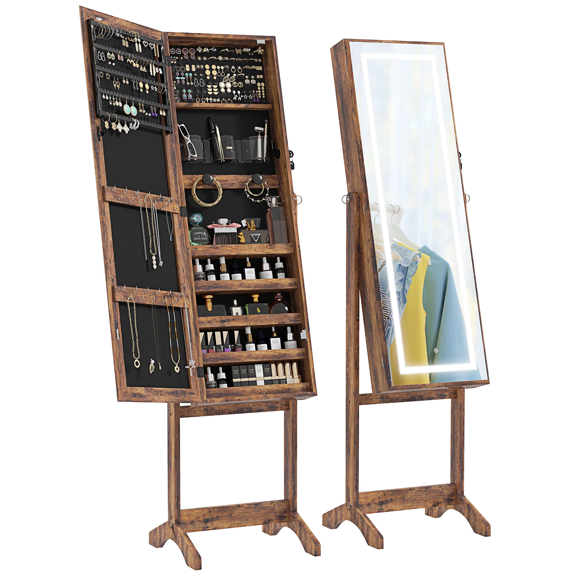 HOMCOM Jewelry Cabinet with LED Light, Lockable Jewelry Storage Organizer with Full-Length Mirror for Dressing Room, Rustic Brown