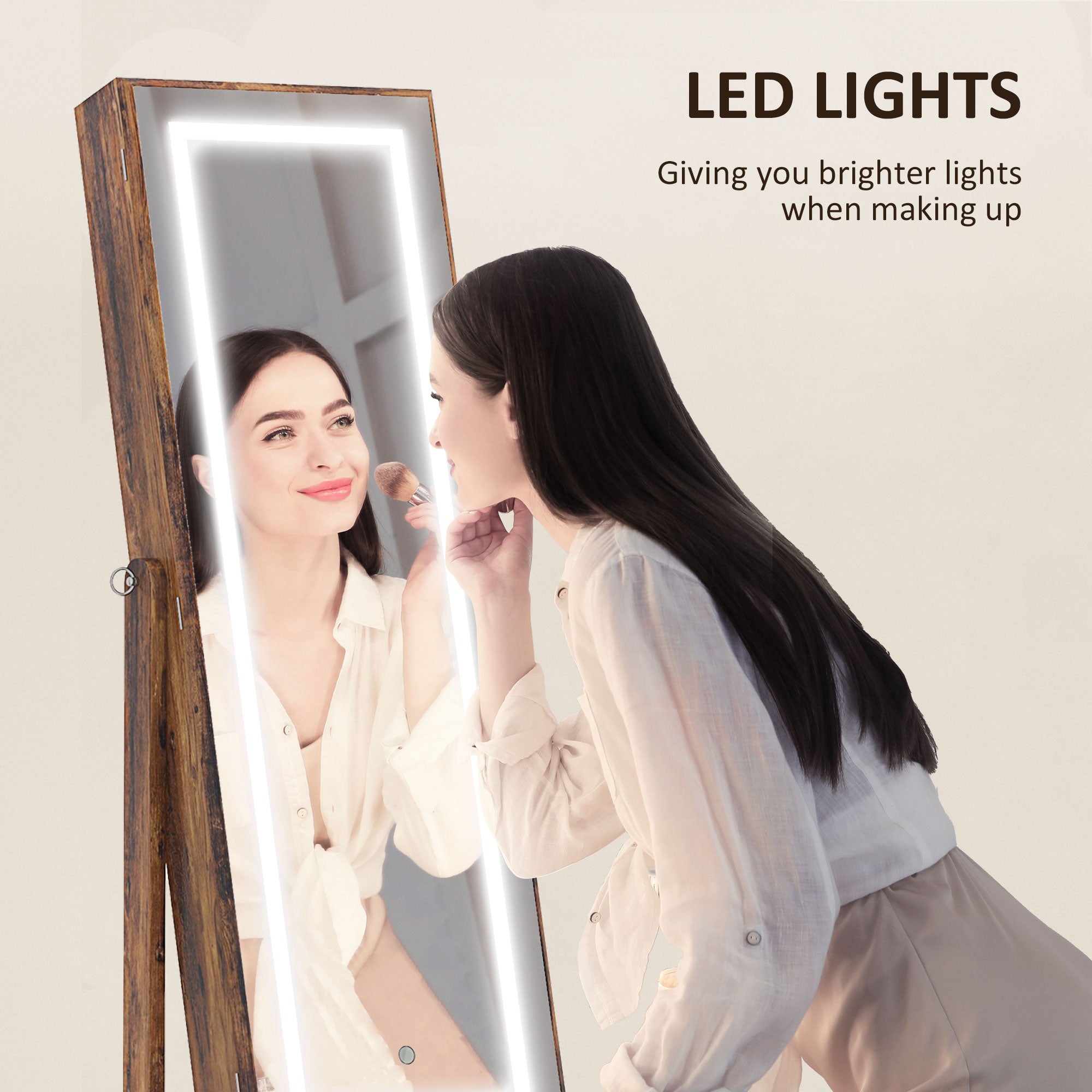 HOMCOM Jewelry Cabinet with LED Light, Lockable Jewelry Storage Organizer with Full-Length Mirror for Dressing Room, Rustic Brown