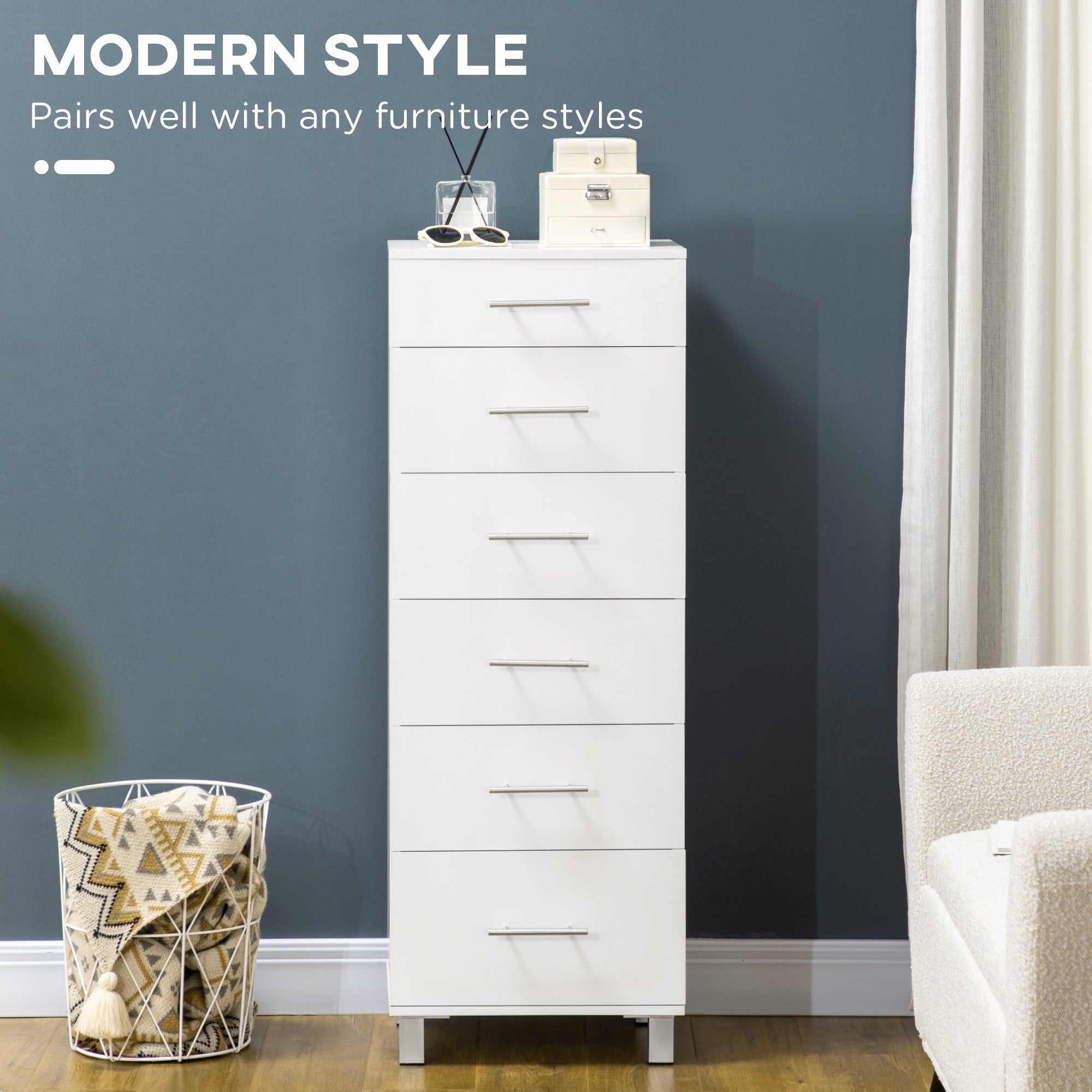 HOMCOM Chest of Drawers, Modern Dresser for Bedroom, 6 Drawer Dresser for Living Room, White