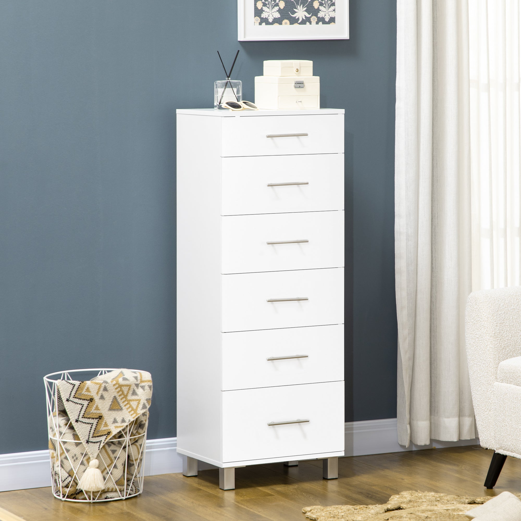 HOMCOM Chest of Drawers, Modern Dresser for Bedroom, 6 Drawer Dresser for Living Room, White
