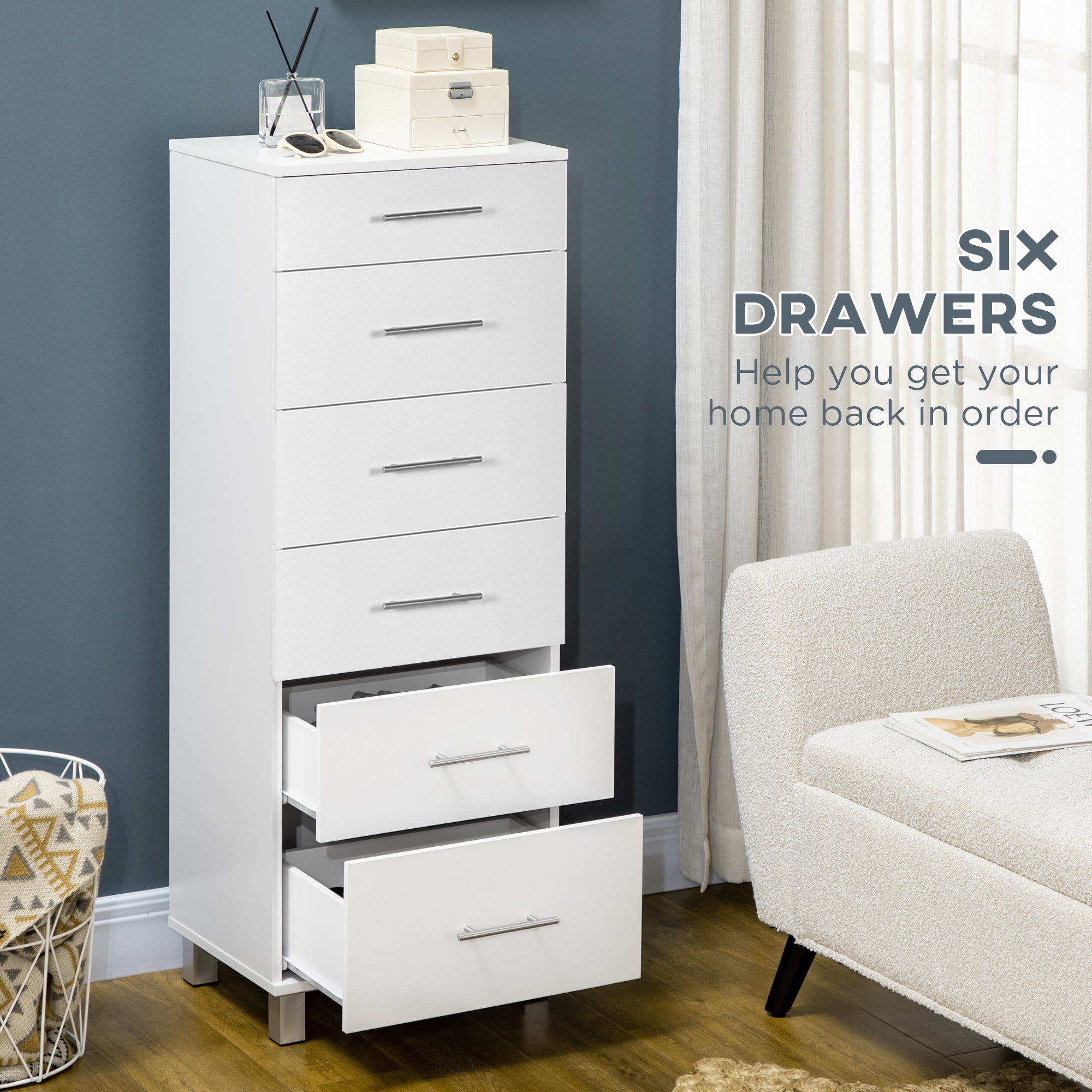 HOMCOM Chest of Drawers, Modern Dresser for Bedroom, 6 Drawer Dresser for Living Room, White