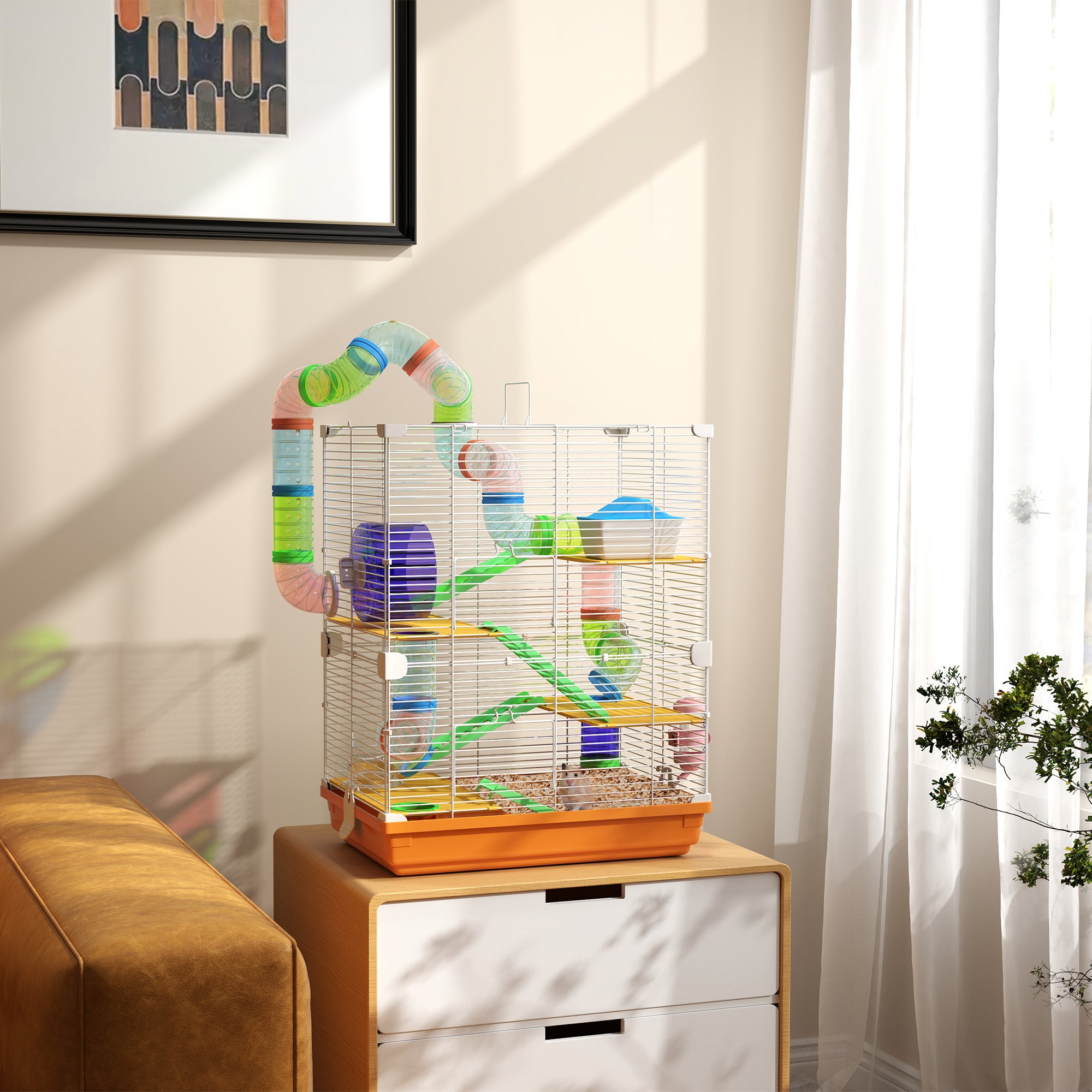 PawHut 5 Tiers Hamster Cage Portable Animal Travel Carrier Habitat with Exercise Wheels Play Tube Water Bottle Dishes House Ladder for Gerbils, Orange