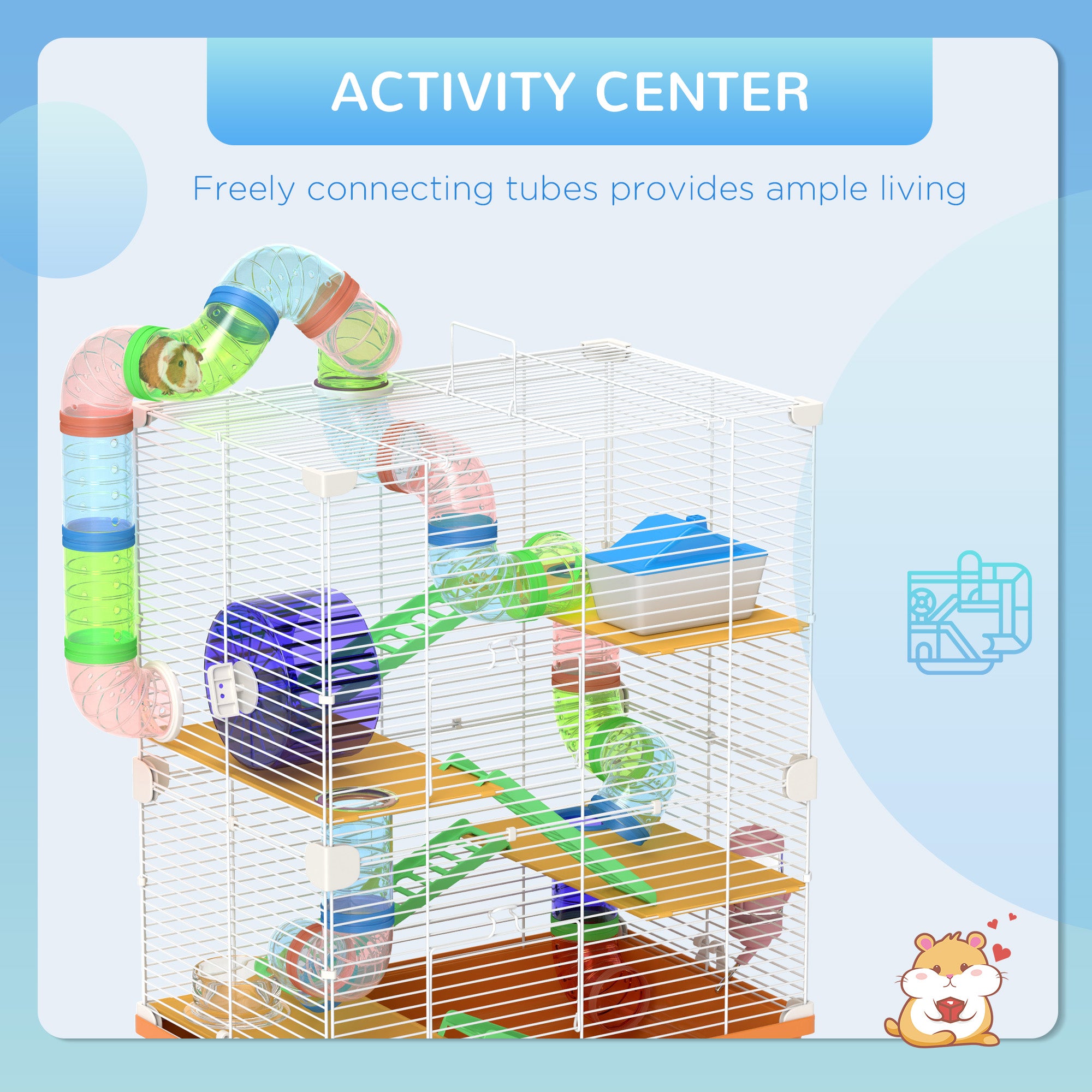 PawHut 5 Tiers Hamster Cage Portable Animal Travel Carrier Habitat with Exercise Wheels Play Tube Water Bottle Dishes House Ladder for Gerbils, Orange