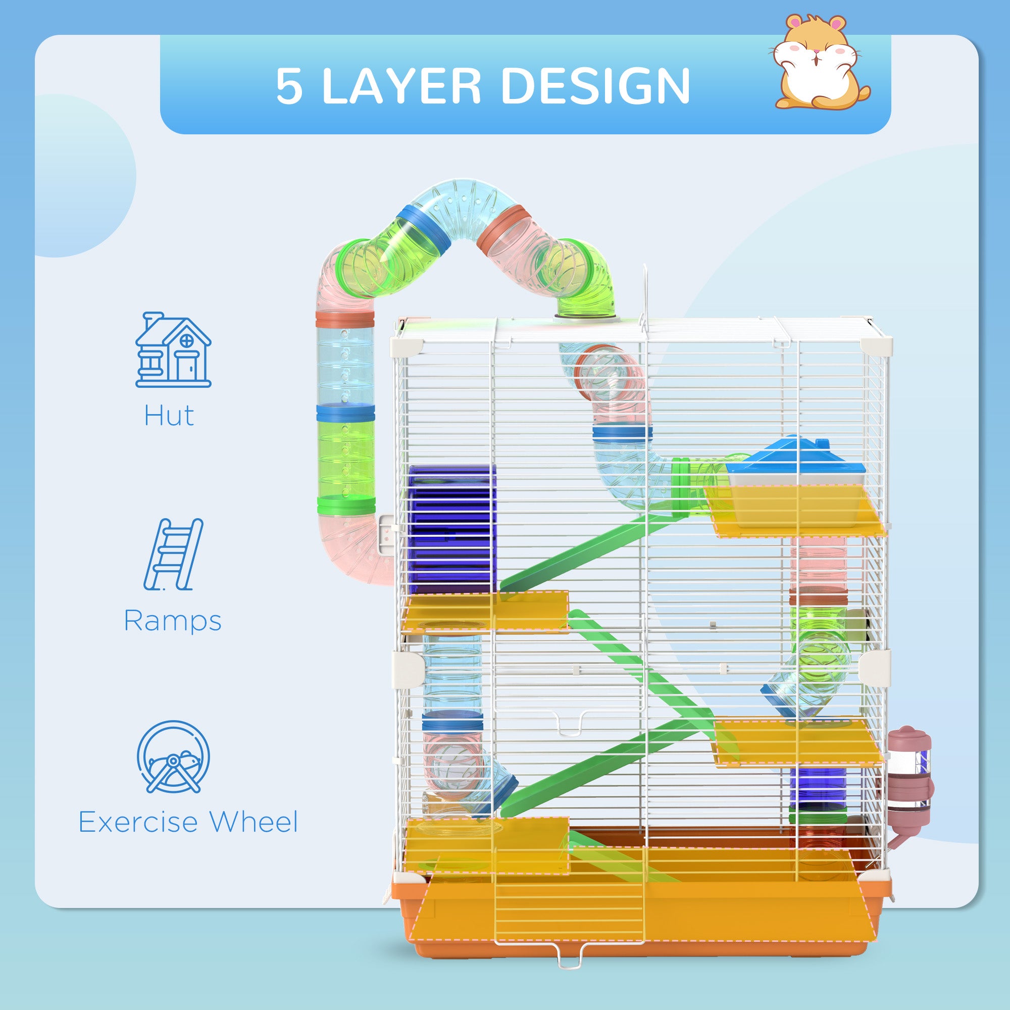 PawHut 5 Tiers Hamster Cage Portable Animal Travel Carrier Habitat with Exercise Wheels Play Tube Water Bottle Dishes House Ladder for Gerbils, Orange