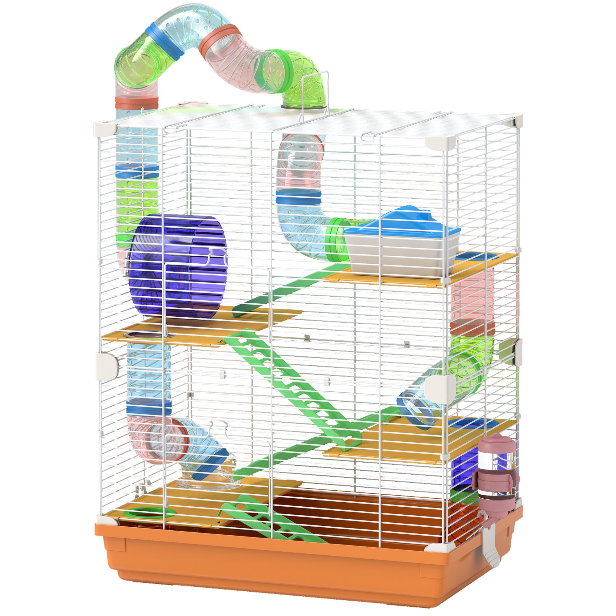 PawHut 5 Tiers Hamster Cage Portable Animal Travel Carrier Habitat with Exercise Wheels Play Tube Water Bottle Dishes House Ladder for Gerbils, Orange