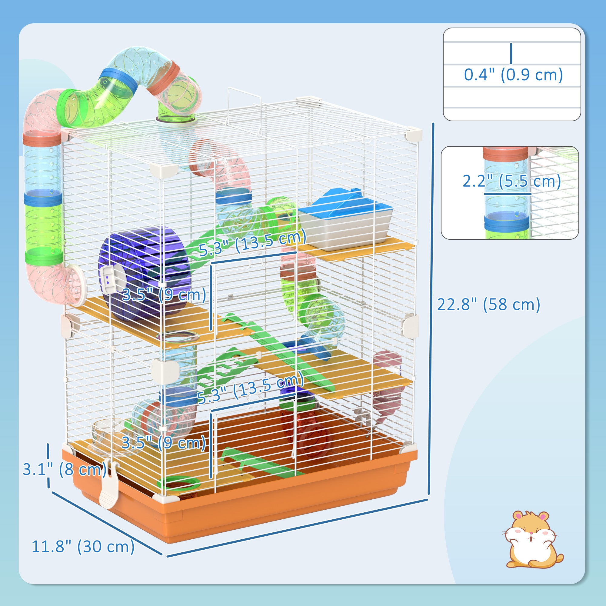 PawHut 5 Tiers Hamster Cage Portable Animal Travel Carrier Habitat with Exercise Wheels Play Tube Water Bottle Dishes House Ladder for Gerbils, Orange