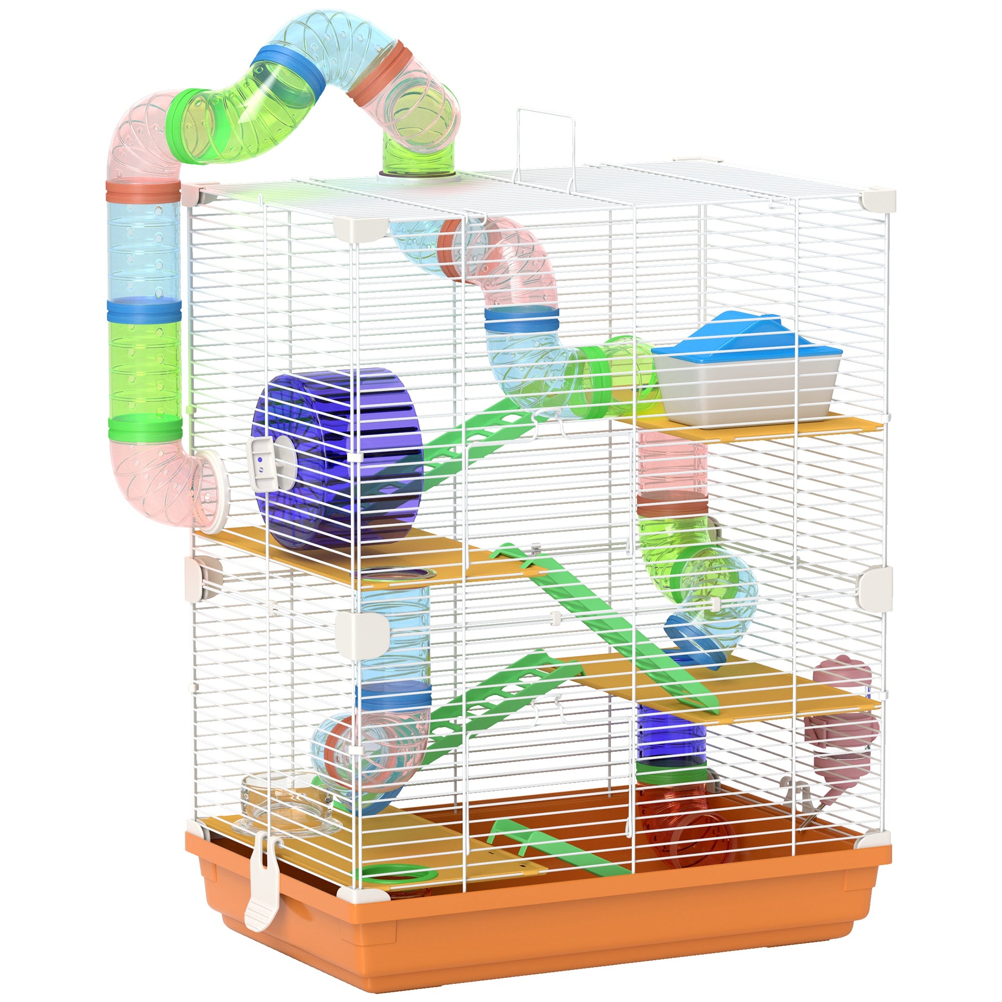 PawHut 5 Tiers Hamster Cage Portable Animal Travel Carrier Habitat with Exercise Wheels Play Tube Water Bottle Dishes House Ladder for Gerbils, Orange