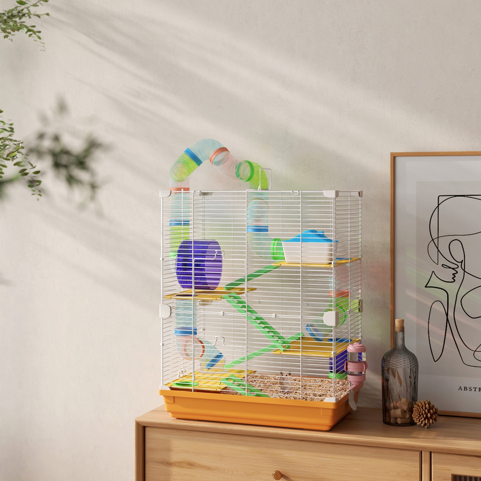 PawHut 5 Tiers Hamster Cage Portable Animal Travel Carrier Habitat with Exercise Wheels Play Tube Water Bottle Dishes House Ladder for Gerbils, Orange