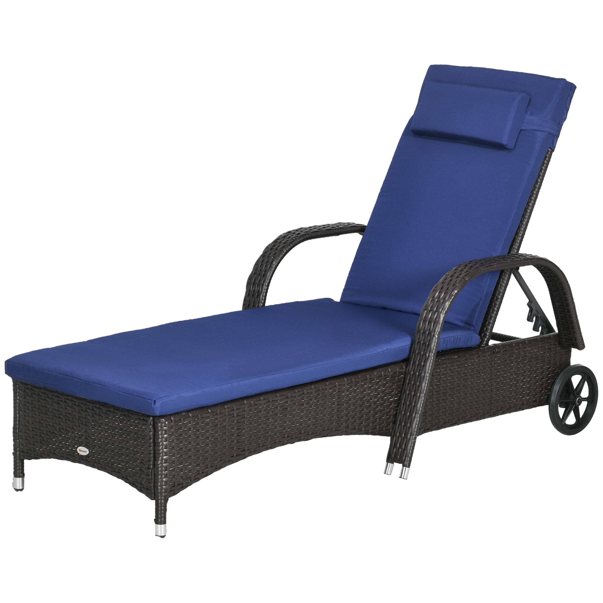 Outsunny Wicker Chaise Lounge, Outdoor Lounge Chair, PE Rattan Patio Sun lounger with Head-rest, 5-Level Height Adjust Backrest, Cushion, & Wheels, Deep Coffee and Navy Blue