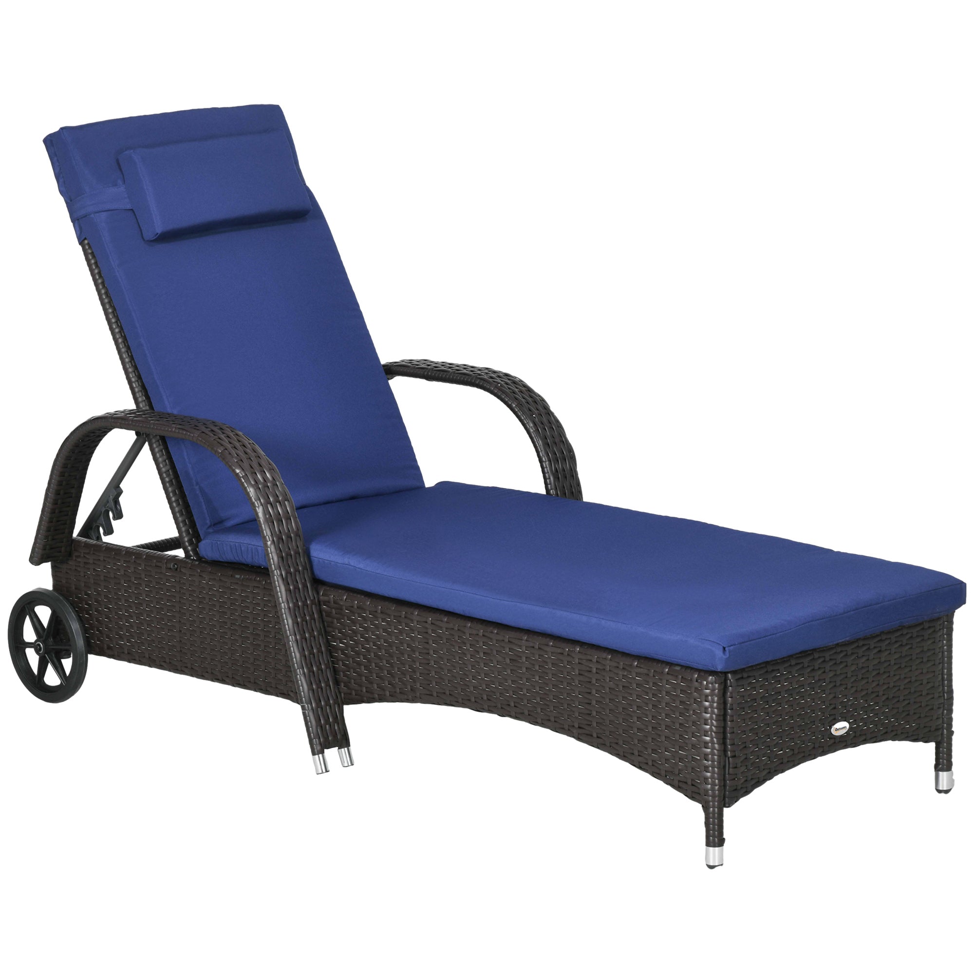 Outsunny Wicker Chaise Lounge, Outdoor Lounge Chair, PE Rattan Patio Sun lounger with Head-rest, 5-Level Height Adjust Backrest, Cushion, & Wheels, Deep Coffee and Navy Blue
