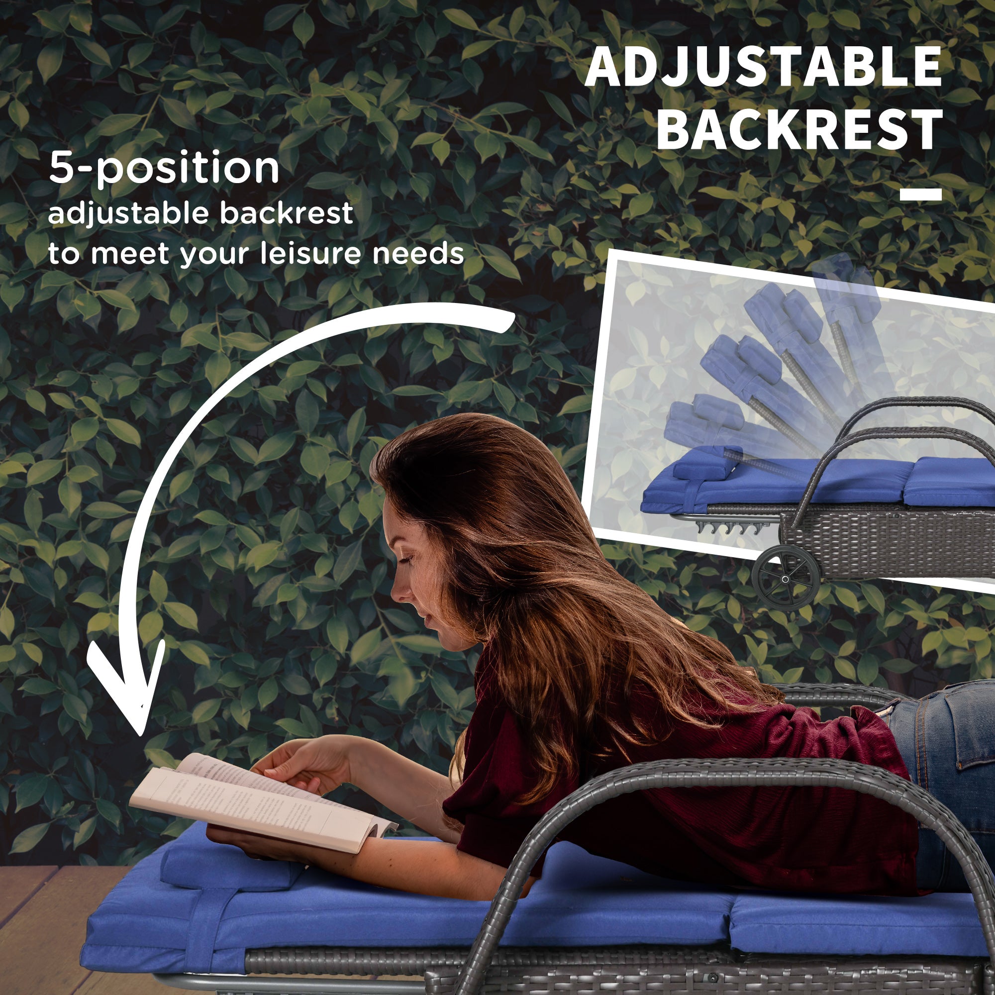 Outsunny Wicker Chaise Lounge, Outdoor Lounge Chair, PE Rattan Patio Sun lounger with Head-rest, 5-Level Height Adjust Backrest, Cushion, & Wheels, Deep Coffee and Navy Blue