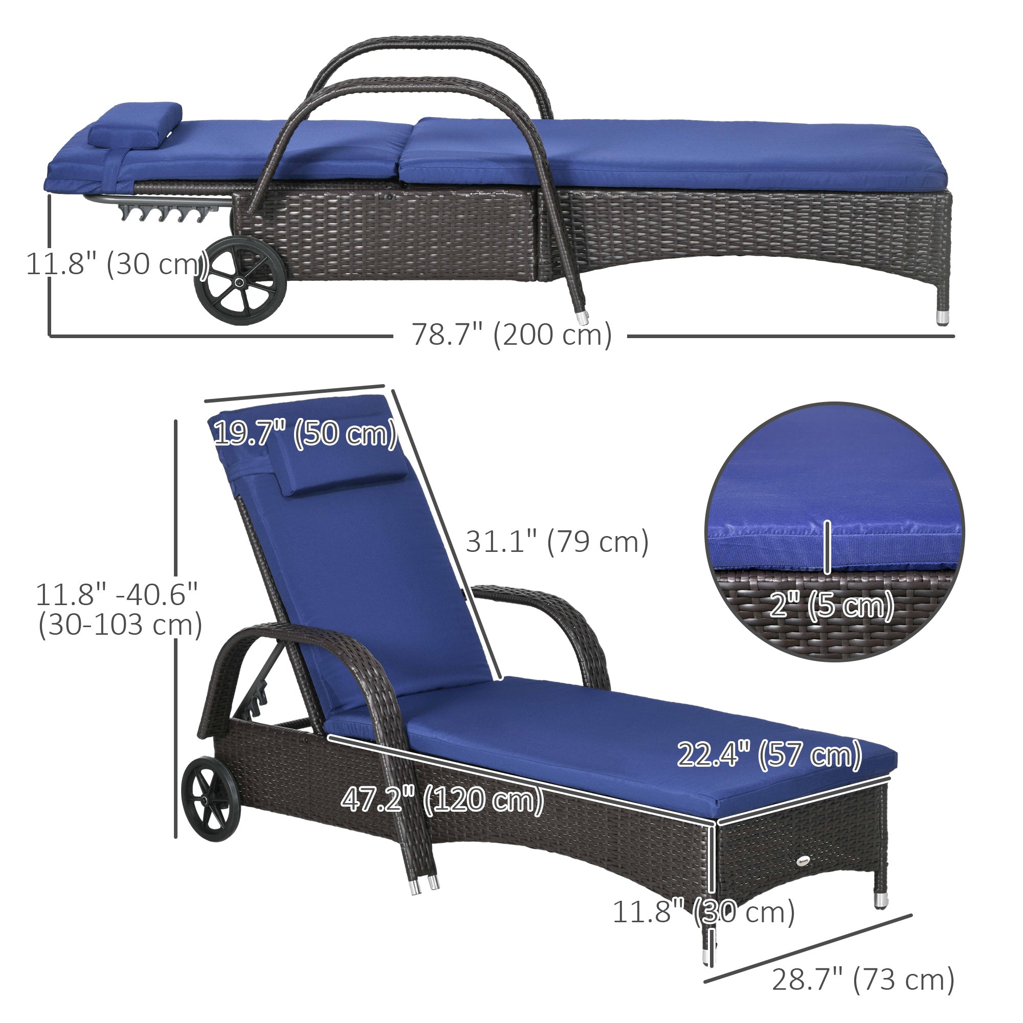 Outsunny Wicker Chaise Lounge, Outdoor Lounge Chair, PE Rattan Patio Sun lounger with Head-rest, 5-Level Height Adjust Backrest, Cushion, & Wheels, Deep Coffee and Navy Blue