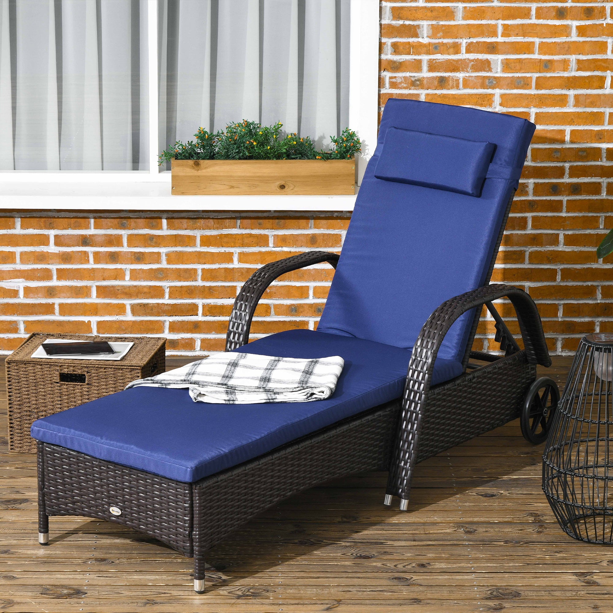Outsunny Wicker Chaise Lounge, Outdoor Lounge Chair, PE Rattan Patio Sun lounger with Head-rest, 5-Level Height Adjust Backrest, Cushion, & Wheels, Deep Coffee and Navy Blue
