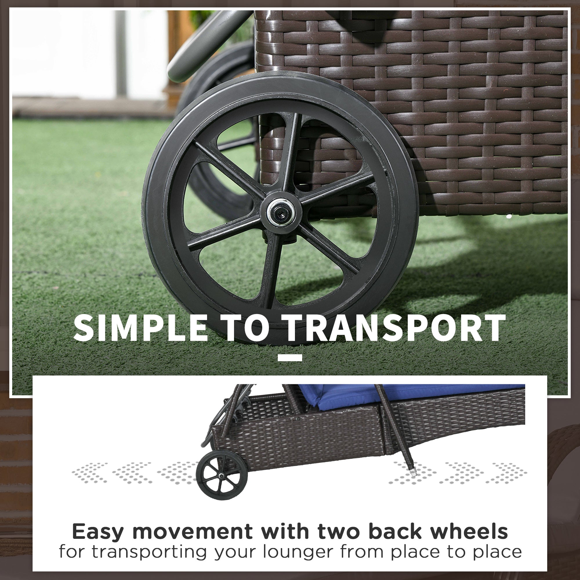 Outsunny Wicker Chaise Lounge, Outdoor Lounge Chair, PE Rattan Patio Sun lounger with Head-rest, 5-Level Height Adjust Backrest, Cushion, & Wheels, Deep Coffee and Navy Blue