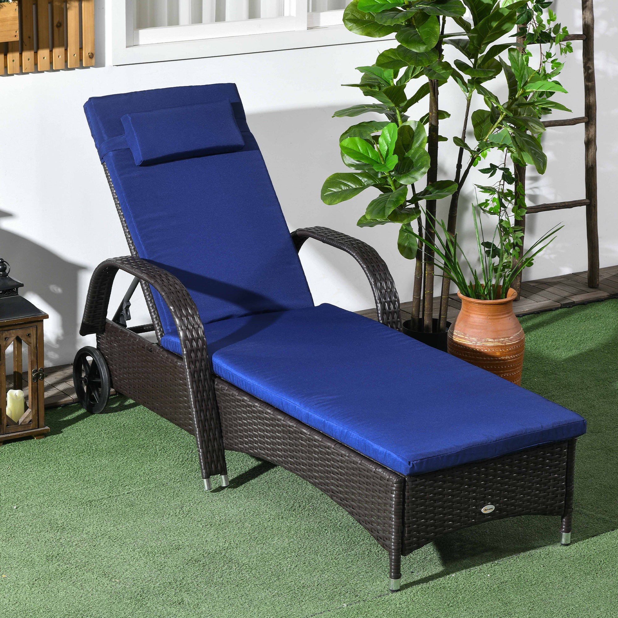 Outsunny Wicker Chaise Lounge, Outdoor Lounge Chair, PE Rattan Patio Sun lounger with Head-rest, 5-Level Height Adjust Backrest, Cushion, & Wheels, Deep Coffee and Navy Blue