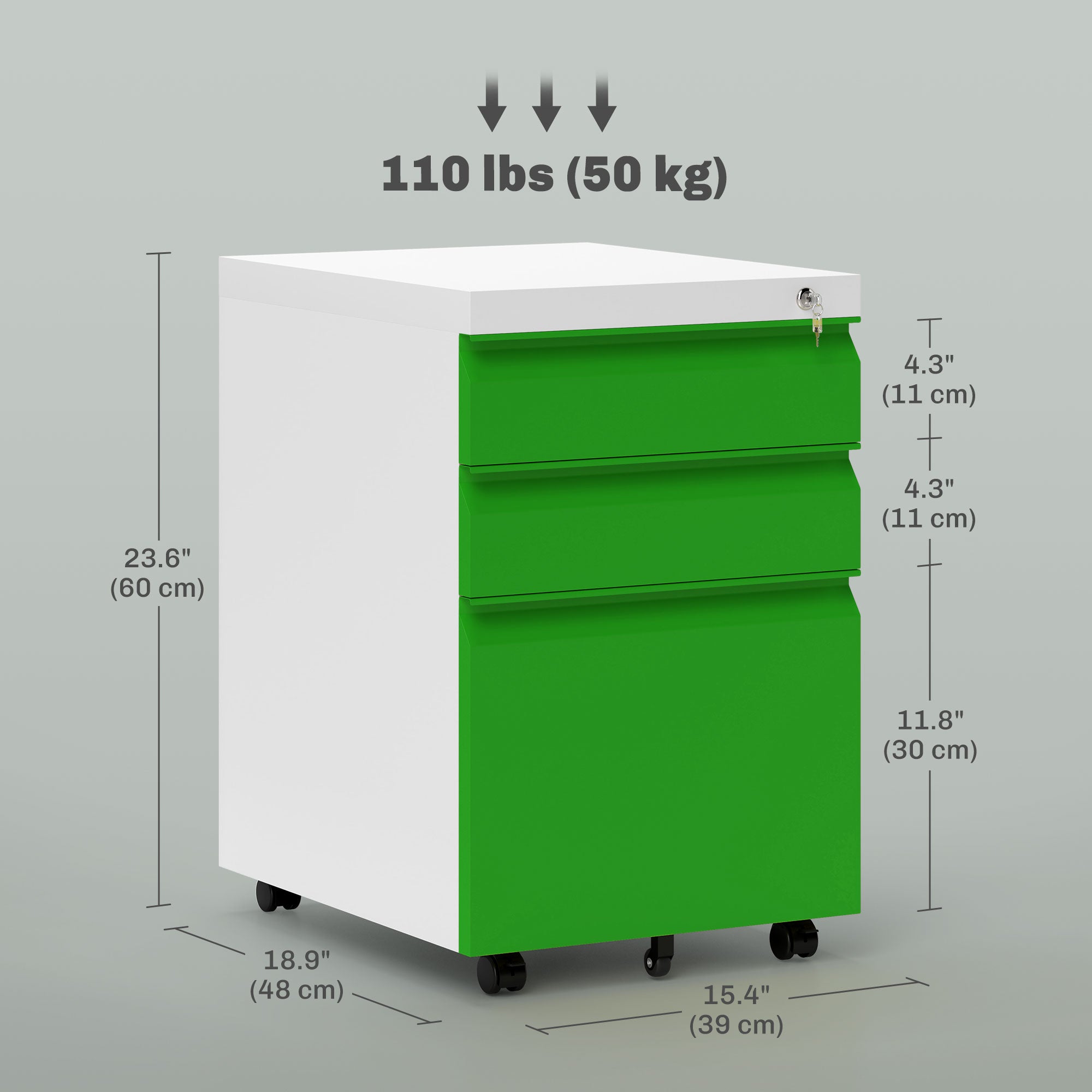 Vinsetto Metal Filing Cabinet with 3 Drawers, Vertical File Cabinet with Lock, Mobile Office Cabinet with Wheels for Legal, Letter, A4 Files, Green